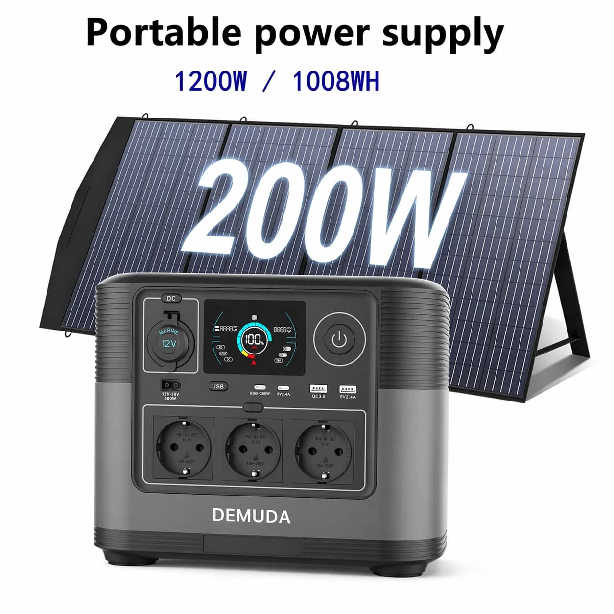 DEMUDA 1008Wh 1200W LiFePO4 Portable Solar Power Station with 200W Solar Panel, Off Grid Emergency Backup Power for Camping RV Household ﻿