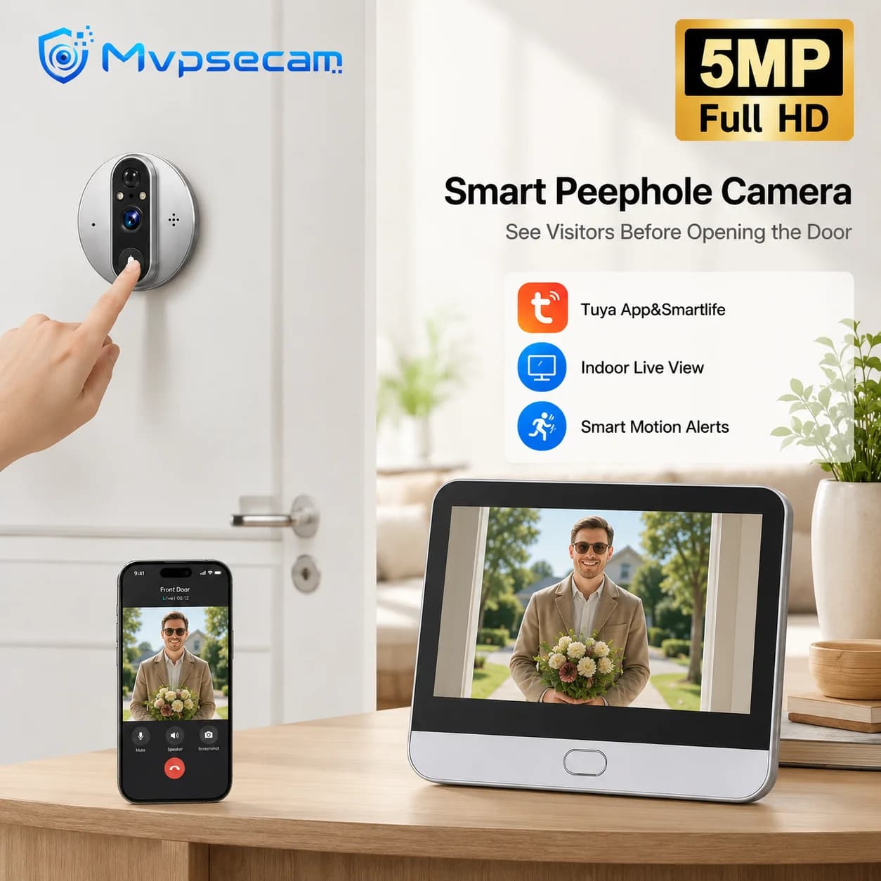 5MP Smart WiFi Peephole Doorbell Camera with 4.3 Inch Indoor Monitor Tuya Smart Life APP Remote View PIR Motion Alert Button Call Two Way Audio IR Night Vision TF Card Storage 5000mAh Battery IP65 Waterproof Home Security EU Warehouse Fast Delivery System