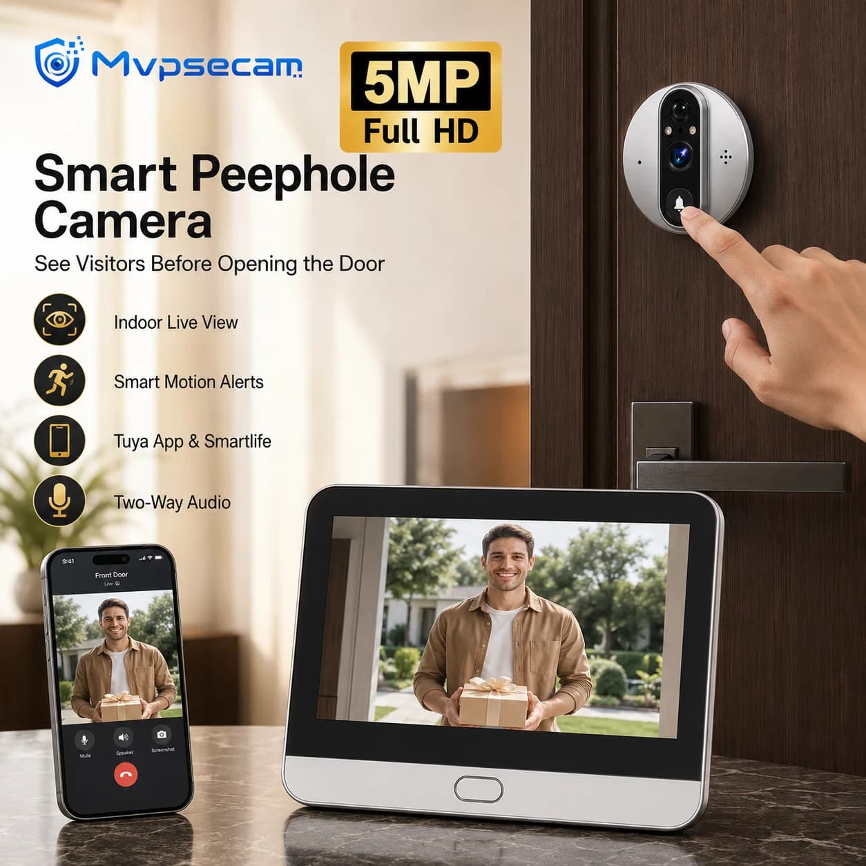5MP WiFi Peephole Doorbell Camera Digital Door Viewer with 4.3 Inch Color Screen Tuya Smart Life App Remote View PIR Human Detection Two Way Talk Infrared Night Vision 5000mAh Rechargeable Battery Micro SD Card Video Recording for House Apartment Entrance