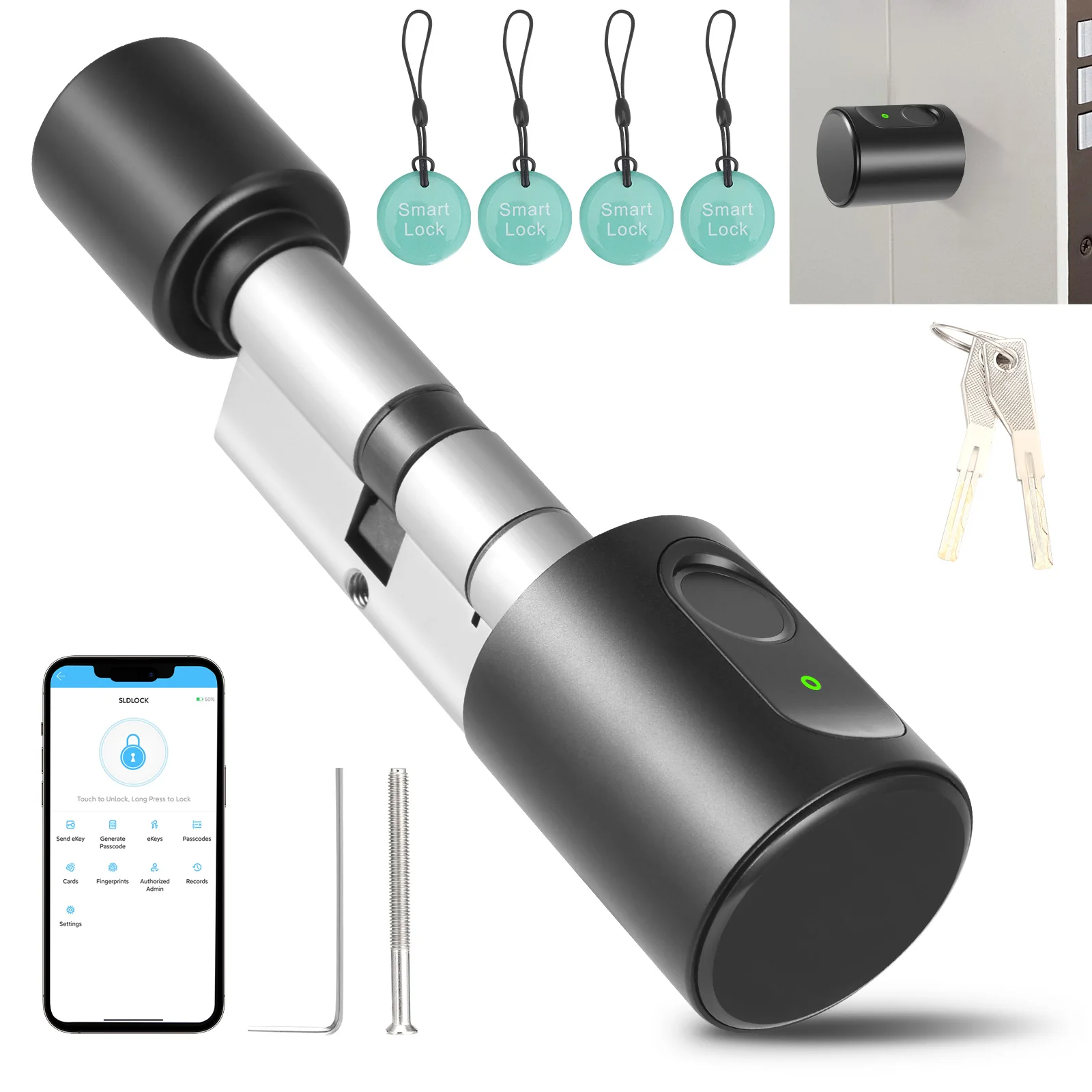 Smart Electronic Door Lock Cylinder 60 Mm With Fingerprint, 2 Keys, IC Card, Life/Tuya App Control, Bluetooth, Cylinder Lock