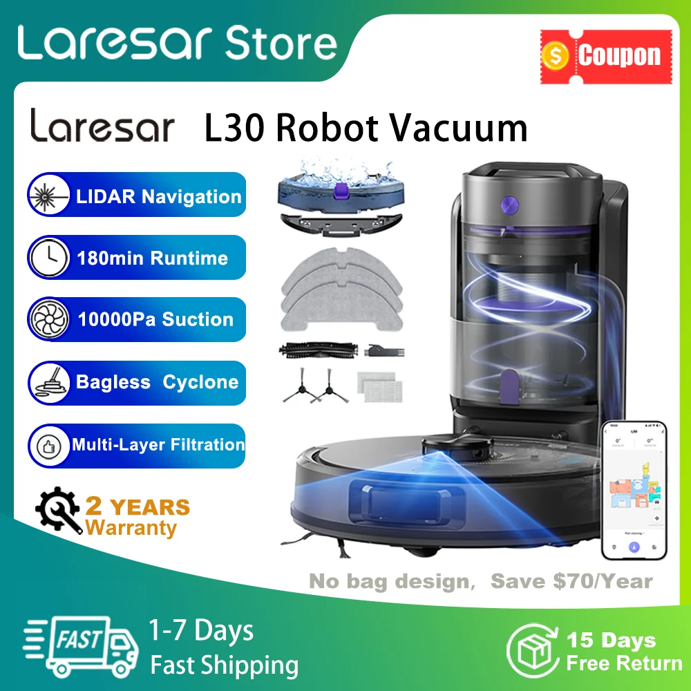 Laresar L30 Self-Propelled Robot Vacuum Mop Cleaner Bagless Cyclone Suction 10000Pa 180 Min LiDAR Navigation 65Day Dust Capacity