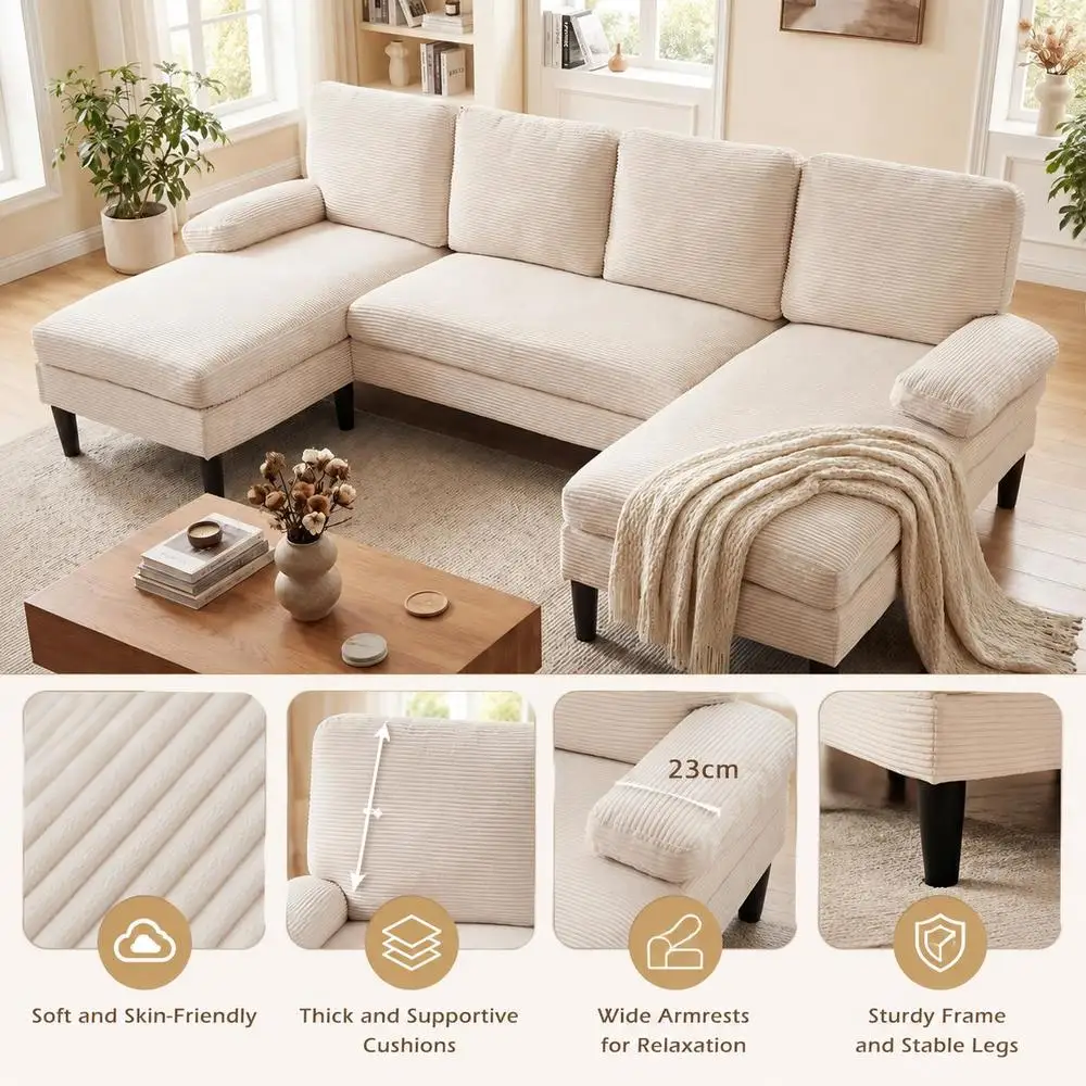 U-shaped modular sofa, 5-6 seater, 258cm, corduroy fabric, modern sofa bed for living room, beige