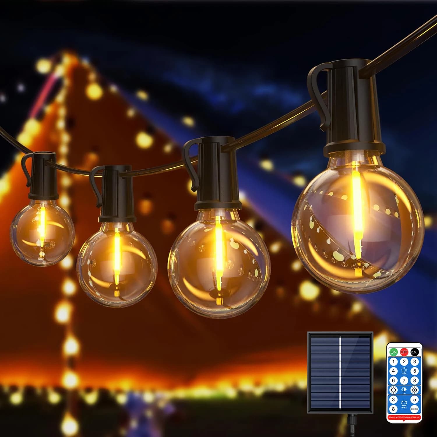 Aiopp Solar G40 LED String Lights Outdoor Shatterproof Plastic Bulbs IP44 Waterproof Dimmable 8 Modes Remote Control Auto On Off Vintage Patio Fairy Lights for Backyard Garden Party Holiday Decor