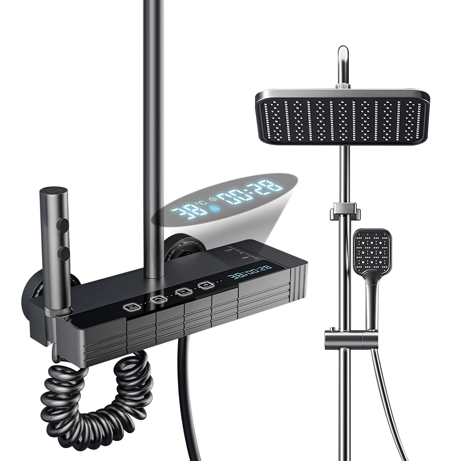 Grey Shower System with Ambient Light Intelligent Digital Shower Faucet Set Temperature Display Rainlfall Bathroom Shower Set