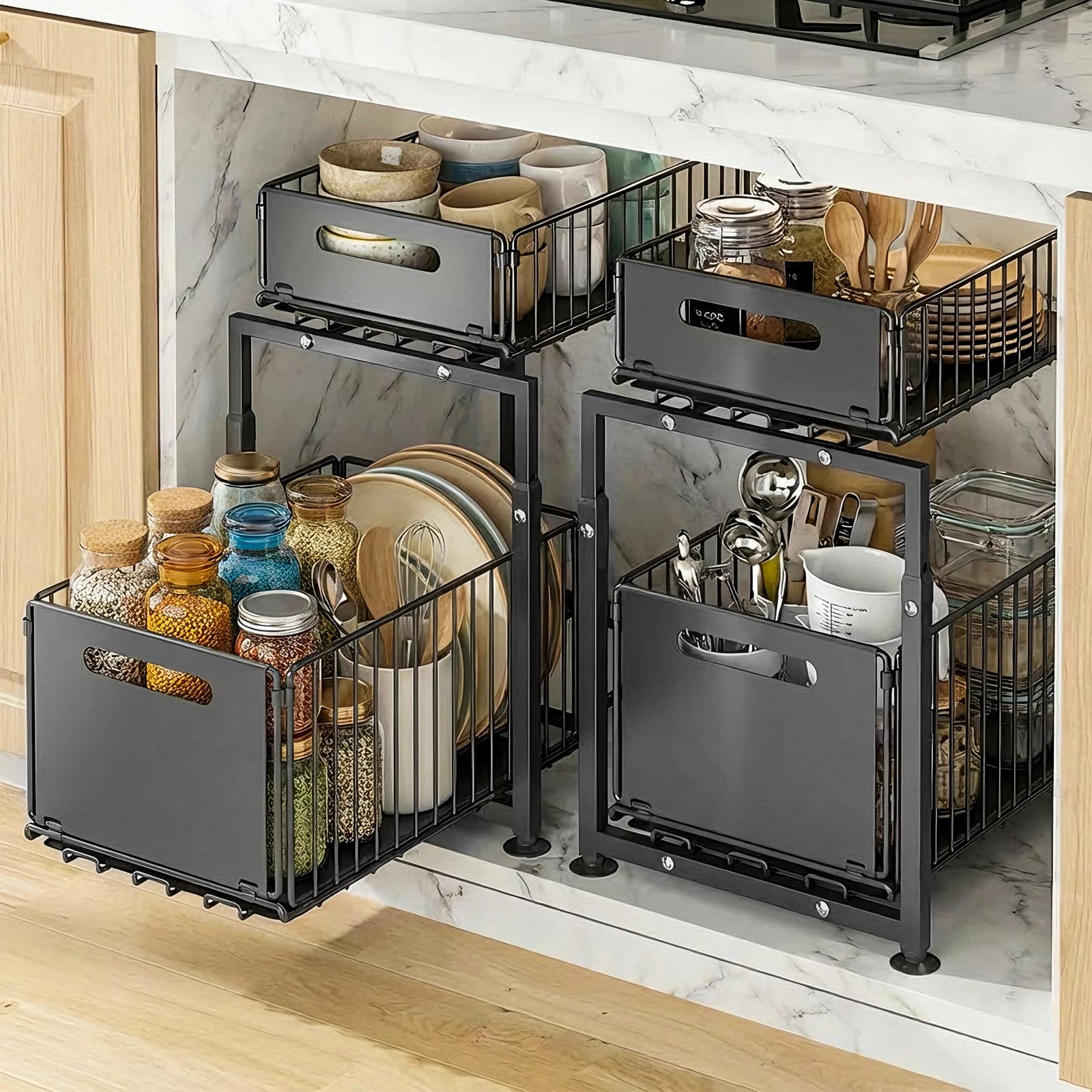 2-Tier Under Sink Storage Rack Kitchen Organizer Pull-Out Cabinet Drawer Height Adjustable Large Capacity Carbon Steel Drawers for Kitchen Pantry Bathroom