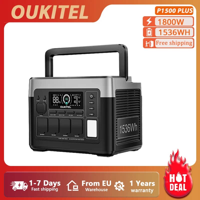 OUKITEL P1500 Plus Portable Power Station, 1800W 1536Wh Outdoor Generator, 4000 Cycles LiFePO4, APP Control