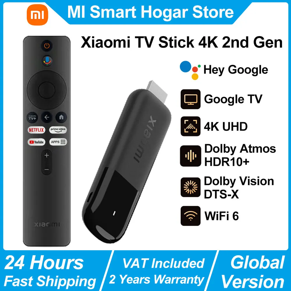 Xiaomi TV Stick 4K 2nd Gen, Portable Streaming Media, Netflix Dual-band WiFi 6 Google Assistant, BT5.2 Smart TV Dongle, 360° Bluetooth Voice Remote Control Google TV