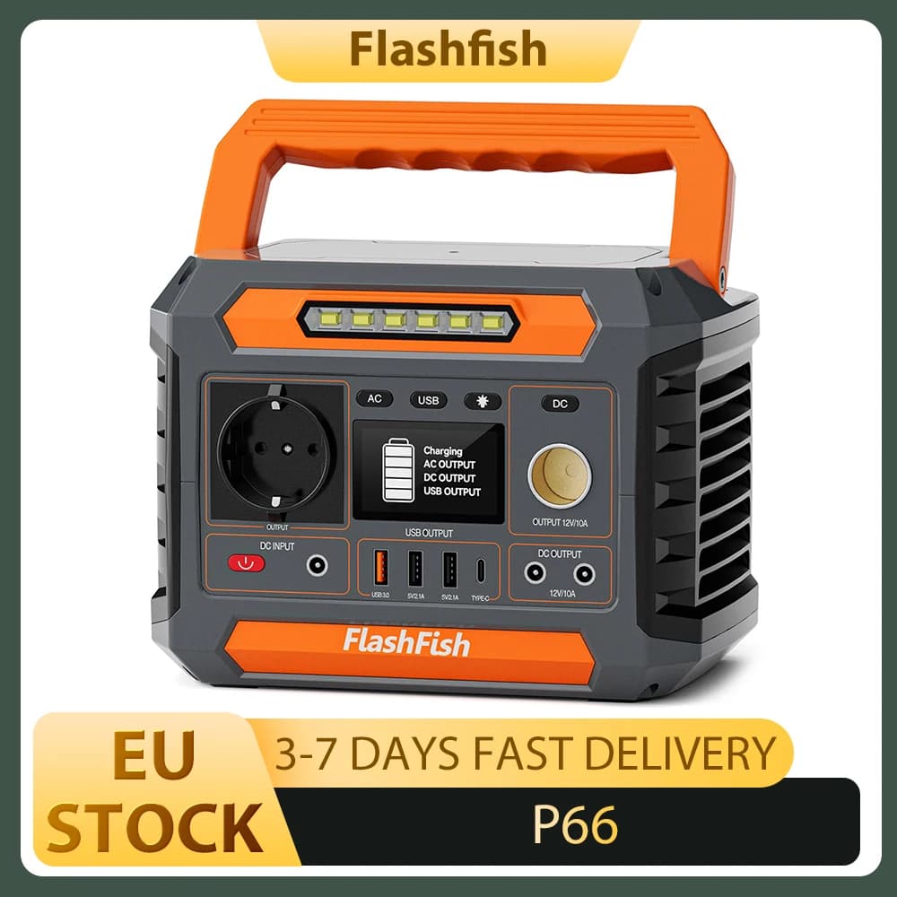 Flashfish P66 Portable Power Station, 300W 230.88Wh Outdoor Generator, 8 Outlets, USB-C QC3.0, Pure Sine Wave, Solar Charging
