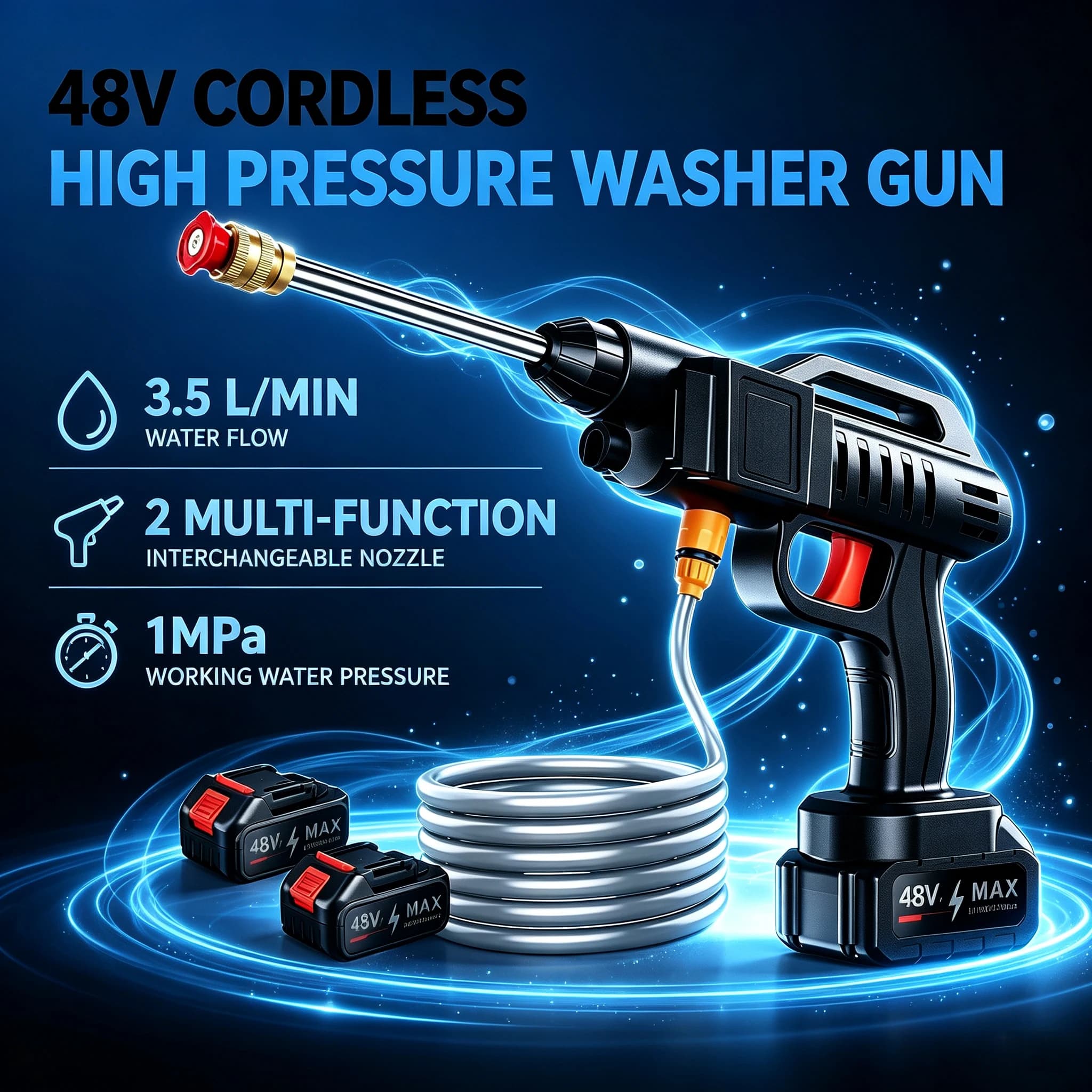 48V 1500W Cordless High Pressure Washer Gun Portable Self-Priming Electric Water Spray Gun with 2 Nozzles Foam Bottle 5M Hose Rechargeable Battery for Vehicle Patio Cleaning