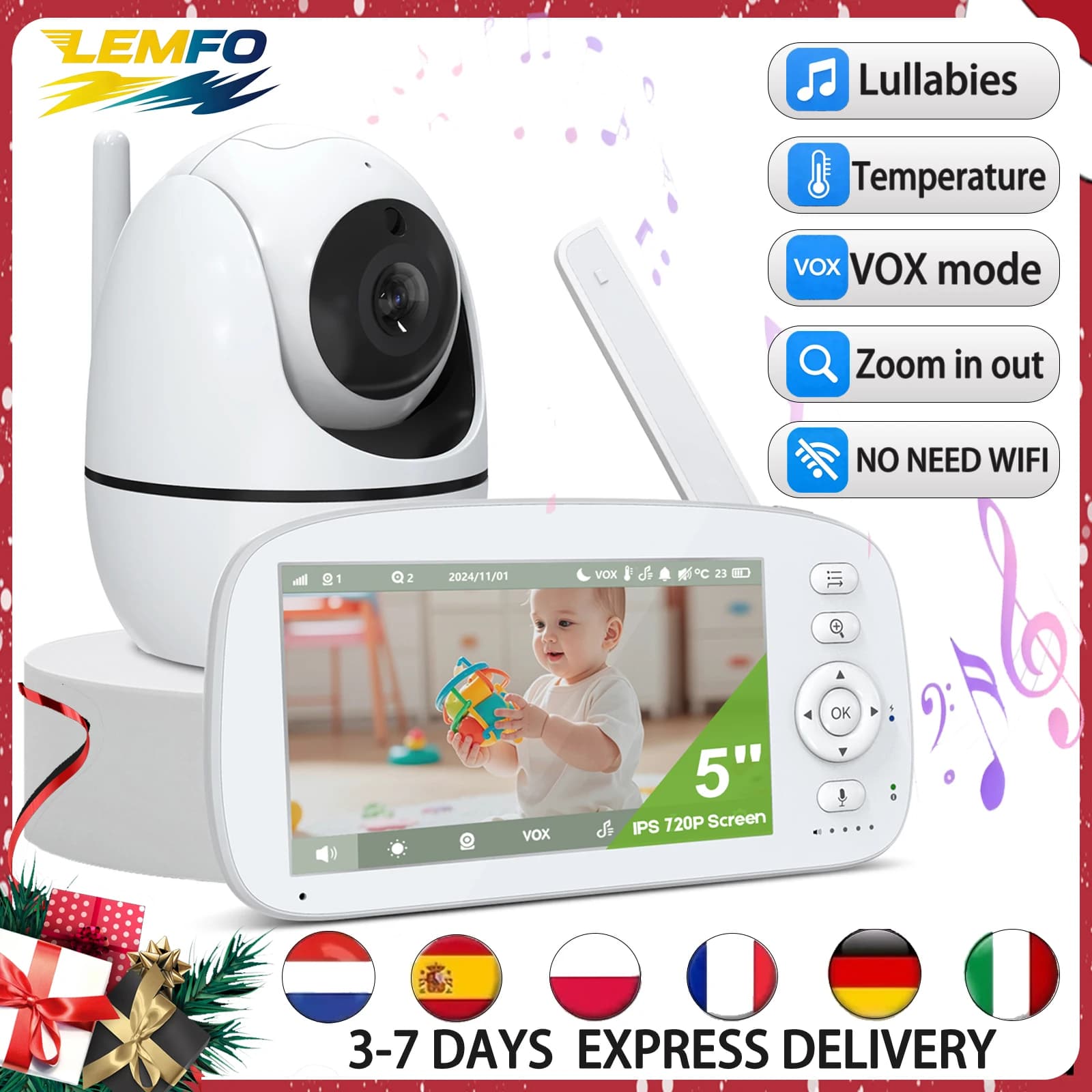 5" Baby Monitor Video HD with Camera and IPS Screen 5000mAh Battery Babyphone Cam, Safety Protection Surveillance Cameras VOX Night Visio Temperature Detection Lullaby
