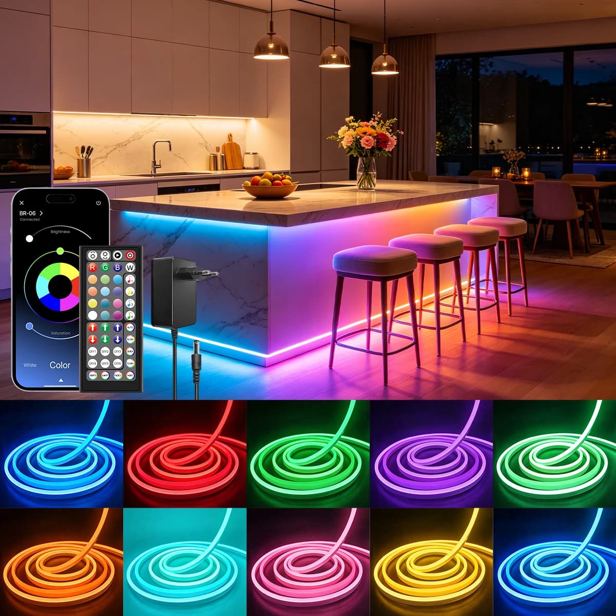 Smart RGB Flexible Neon Strip Light with Dual Control, 16Million Color Music Sync Timing IP65 Waterproof LED Rope Lamp For Bedroom Party Decor