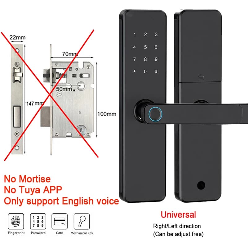 Smart Fingerprint Door Lock with Handle, Keyless Entry by Fingerprint, PIN, RFID Card and Mechanical Key, Reversible Left Right Design, Long Battery Life, EU Warehouse
