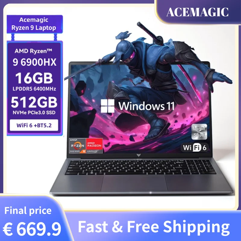 ACEMAGIC 16 Inch Gaming Laptop AMD Ryzen 9 6900HX 8 Core 16GB LPDDR5 RAM 512GB SSD Windows 11 Pro FHD Display High Performance
