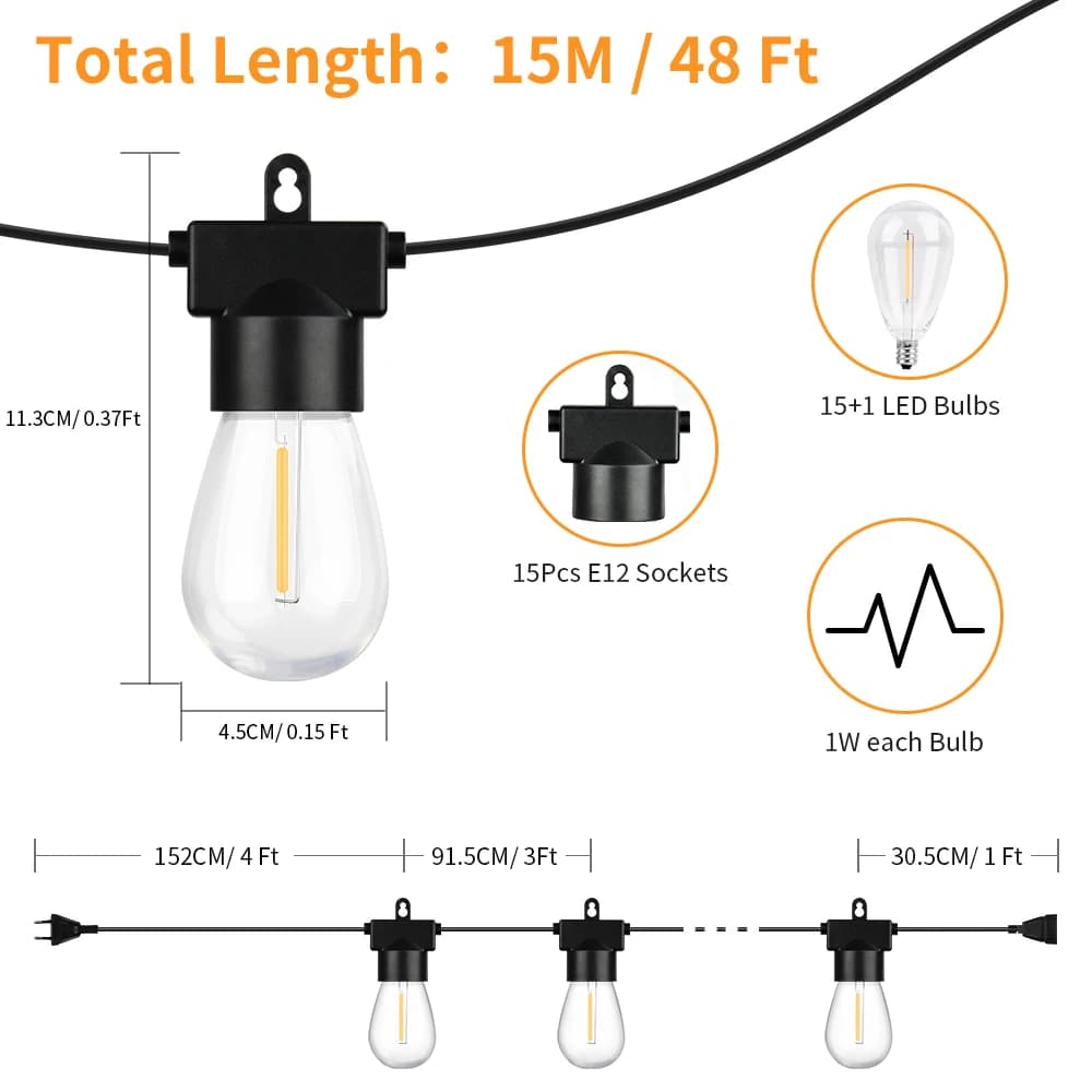 18M 30M ST38 LED Outdoor String Lights Shatterproof Waterproof 2200k Fairy Lights for Christmas Tree Garden Wedding Decor Lamp