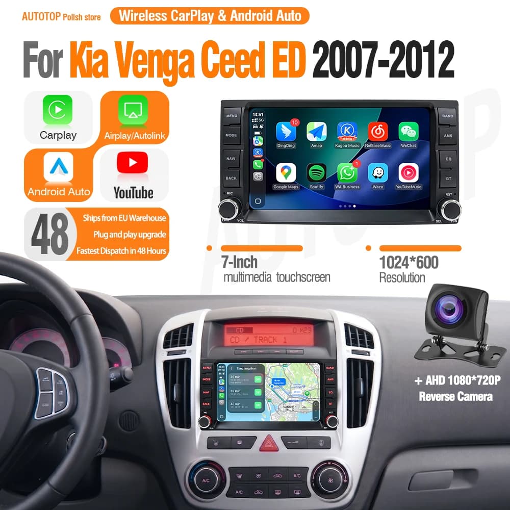 AUTOTOP 7" Touch Screen Car Radio For Kia Ceed Cee'd ED 2007-2012 Linux Multimedia Player GPS Navigation Stereo Head Unit Wireless Apple CarPlay Android Auto YouTube Bluetooth USB MirrorLink DSP AHD Rear Camera Steering Wheel Control
