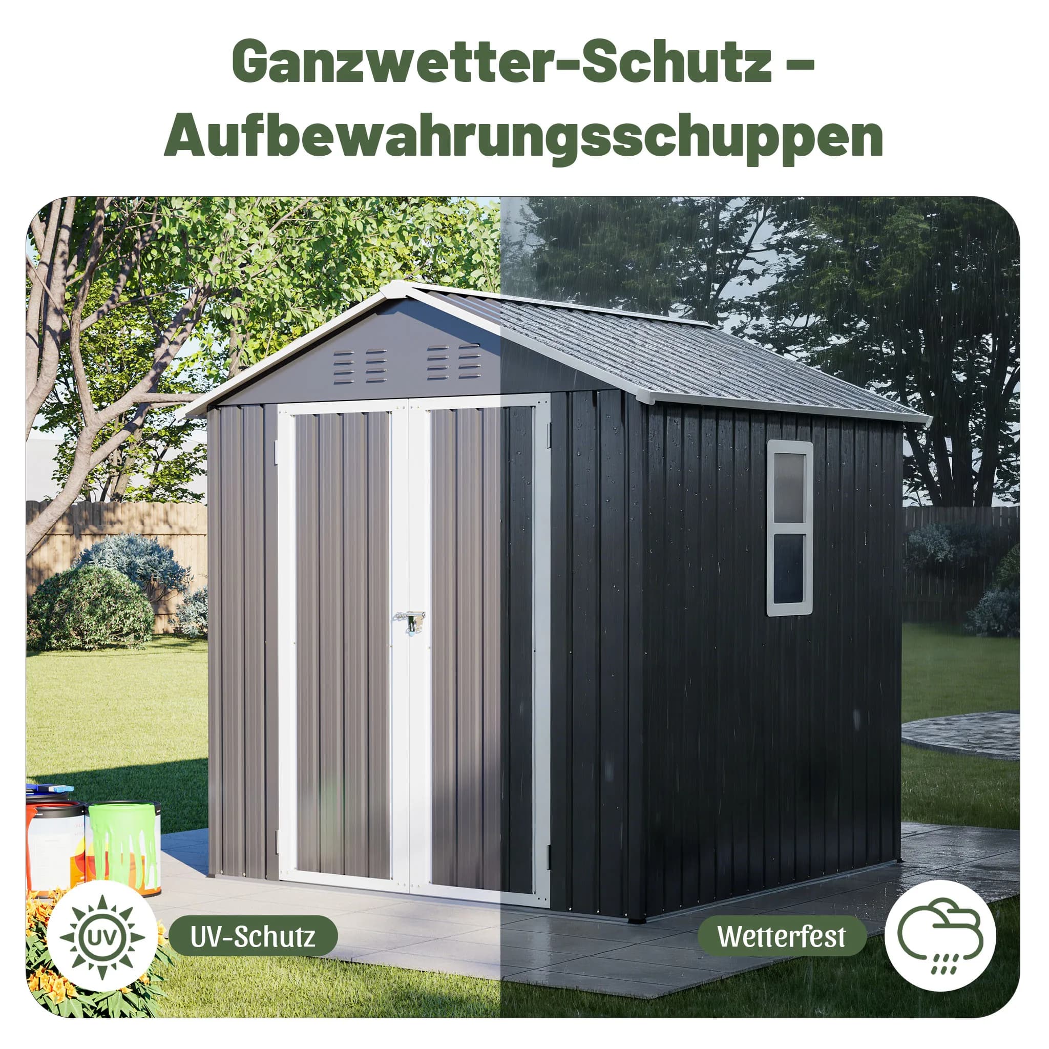 185×182×191cm Waterproof Rustproof Galvanized Steel Garden Storage Shed, Wind Resistant Outdoor Tool Storage shed Thickened Reinforced Frame, Sloped Water Drain Roof, Lockable Secure Doors, Anti-Corrosion Metal Structure, Ideal Storage for Bicycles, Garde