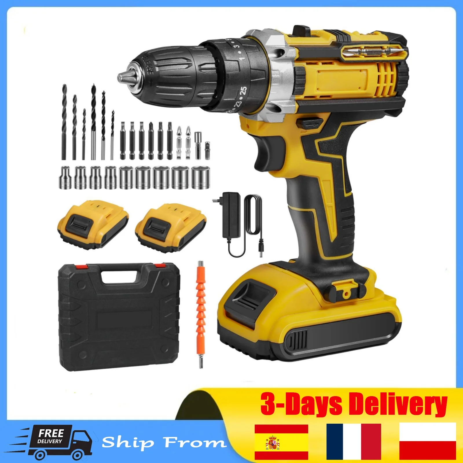 18V Cordless Drill Kit 23-Piece, 45Nm 2-Speed, with 2 Batteries & Metal Gearbox, for DIY Home Use, Compatible with DeWalt