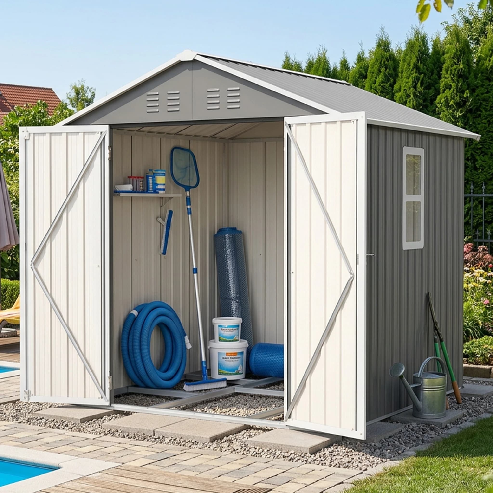 185×182×191cm Waterproof & Rustproof Metal Garden Storage Shed, Durable Outdoor Tool House With,Reinforced Frame, Wind & Water Resistant, Secure Lockable Doors, Anti-Corrosion Galvanized Steel, Sloped Roof For Water Drainage, Ideal For Bikes, Tools, Lawn