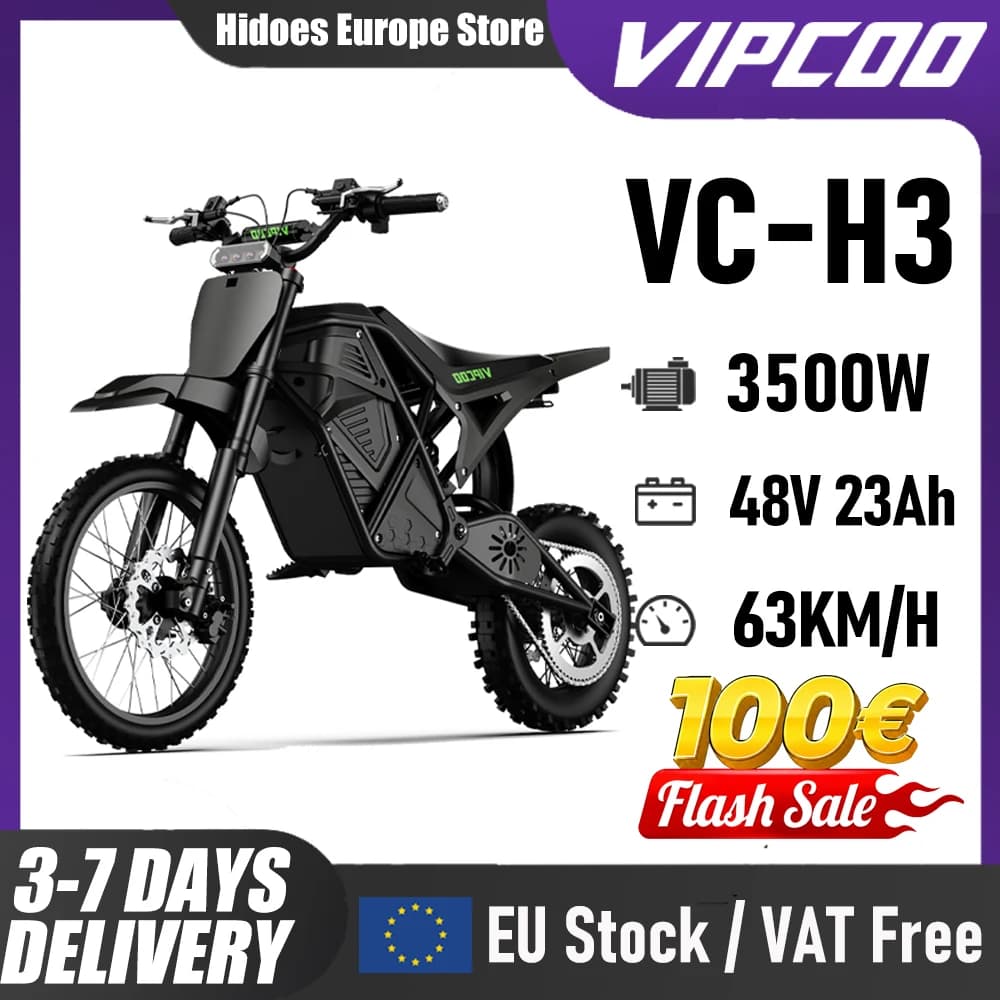 Electric Dirt Bike Vipcoo H3 3500W 48V 23Ah Fat Tire Nitrogen Suspension E Dirt Bike for Teens and Adults Electric Motorcycle