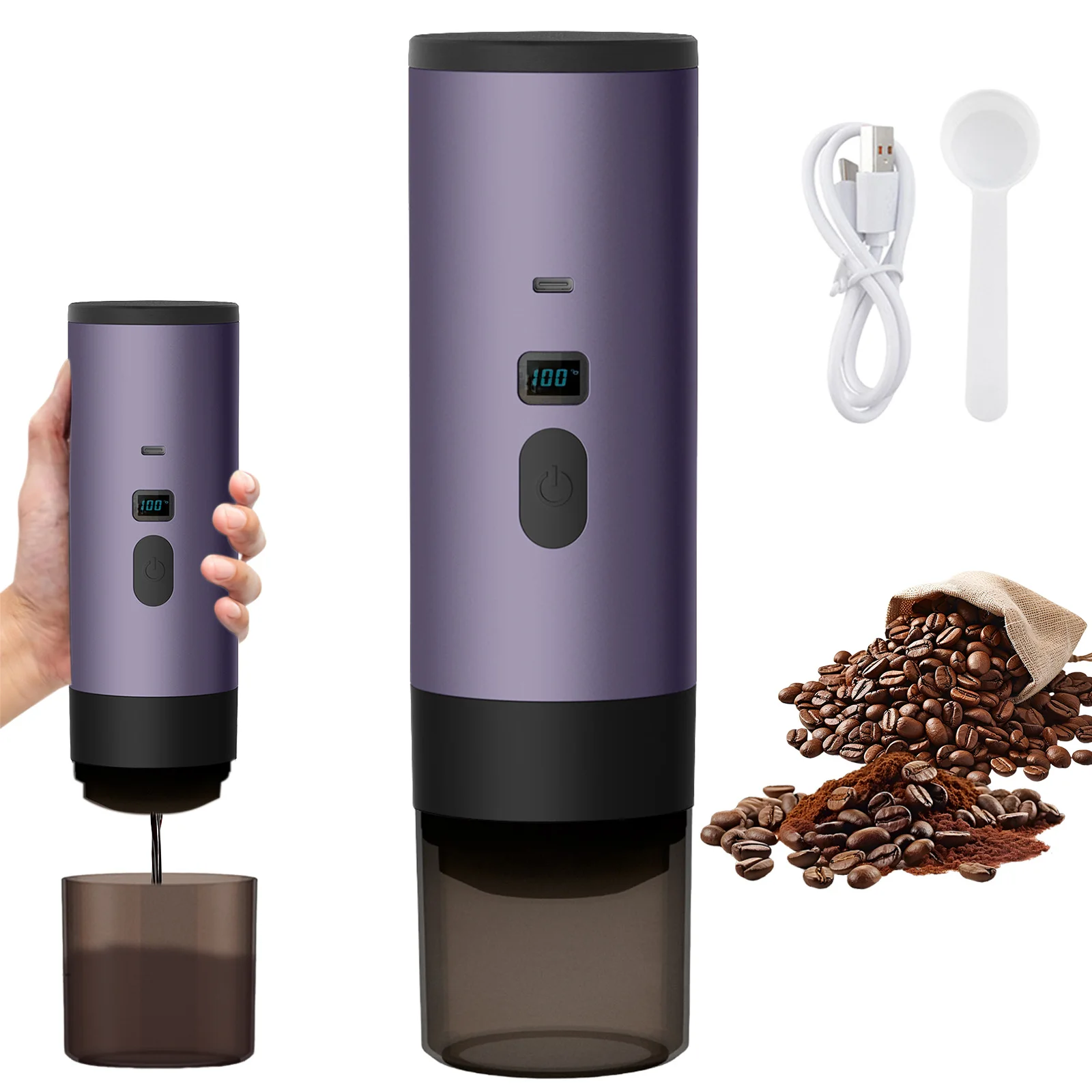 Fully Automatic 3-in-1 Portable Capsule Coffee Machine Wireless Rechargeable Espresso Maker for Capsule/Ground Coffee Hot/Cold Brew Home Travel Car