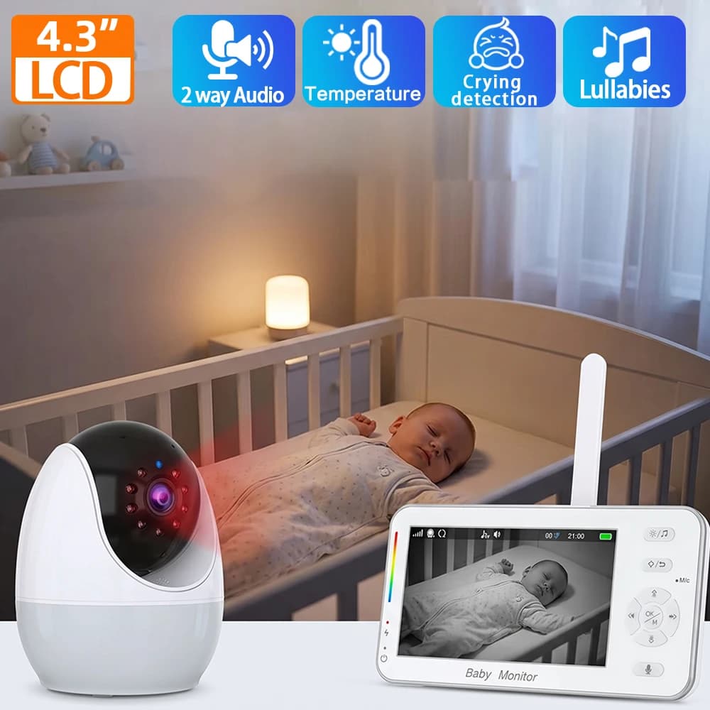 1080P HD WiFi Baby Monitor Phone APP Remote View 4.3 Inch Nanny Night Light VOX Night Vision Lullabies Temperature Monitor Camera Two Way Audio Motion Detection Night Vision Long Battery Life Nursery