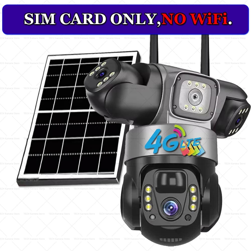 4G Solar Cameras 3 Lens Remote App Control IP CCTV Camera Smart Home Outdoor Security Protection Wireless 360 PTZ Surveillance Monitoring Outdoor Waterproof 4G LTE Built-in Battery Camera