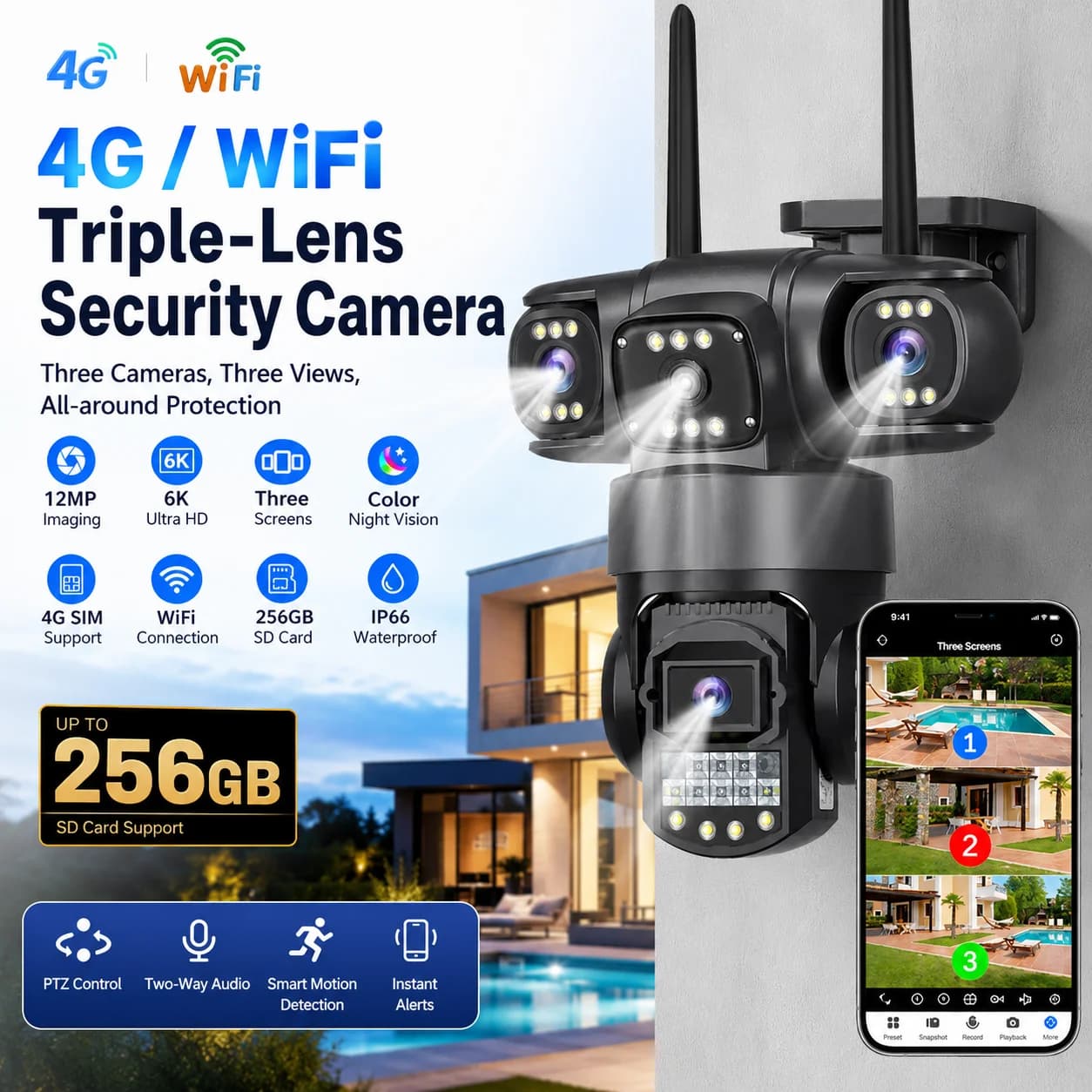 4G/WIFI 256GB Camera With Sim Card 12MP 6K Three Lens Three Screen Monitor Night Vision Security Protection  Video Surveillance