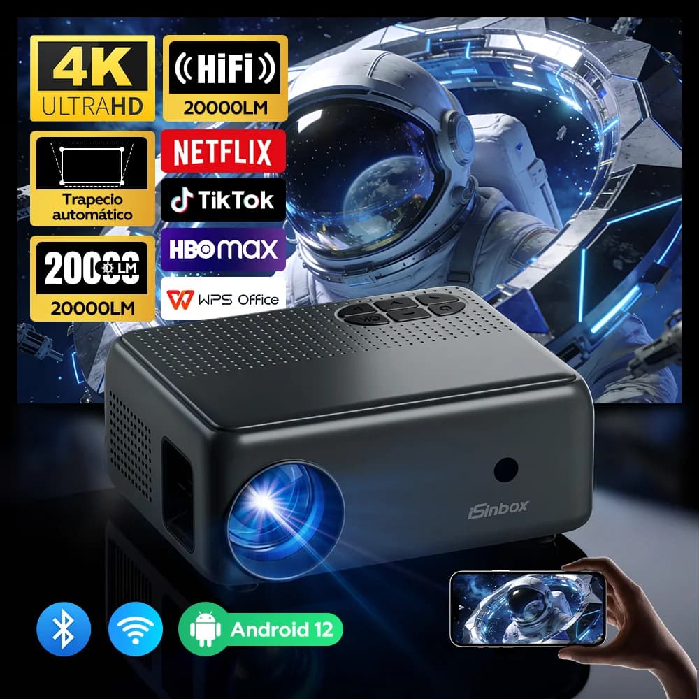 iSinbox Mini Android12 Projector 4K Native 720P Supported Portable Movie Projector Adjustable Angle Smart Video Beam BT5.0 WiFi6