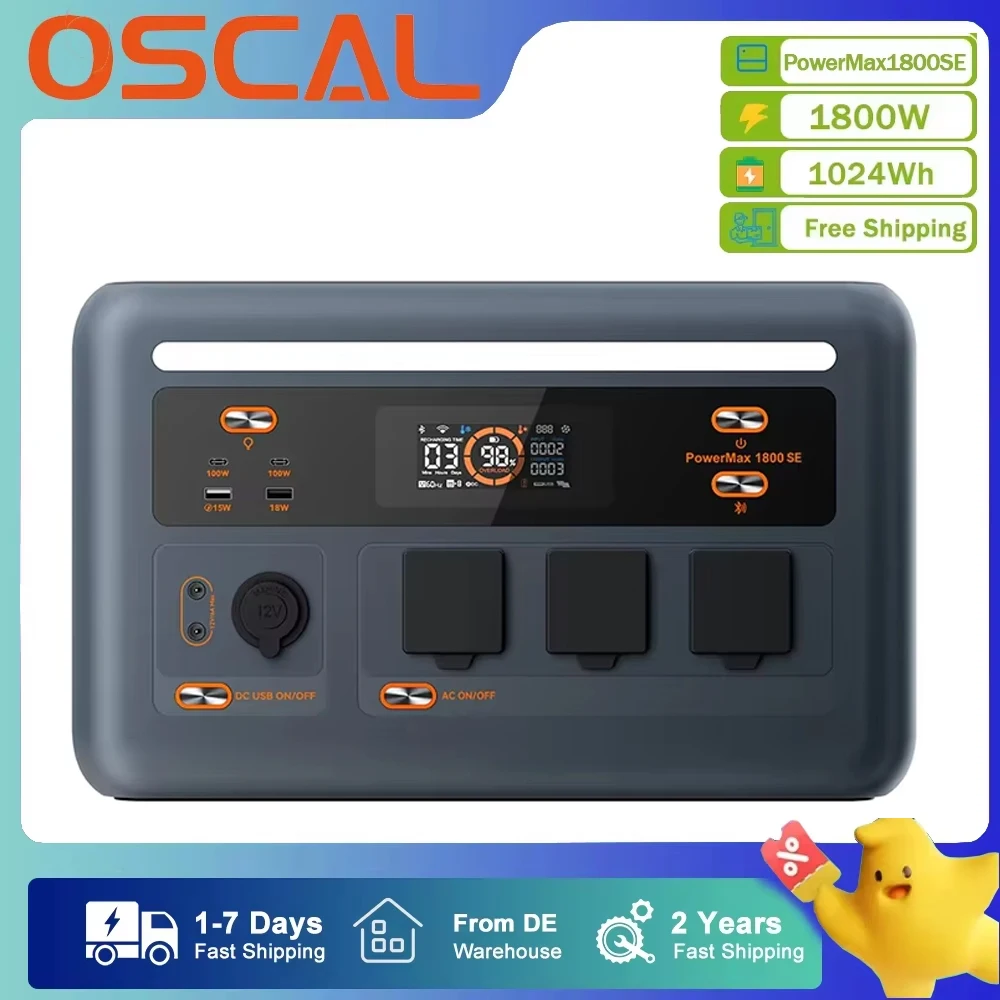 OSCAL PowerMax1800SE Portable Power Station 1800W Solar Generator 1024Wh Lifepo4 Battery Home Backup Outdoor Camping Mobile Power