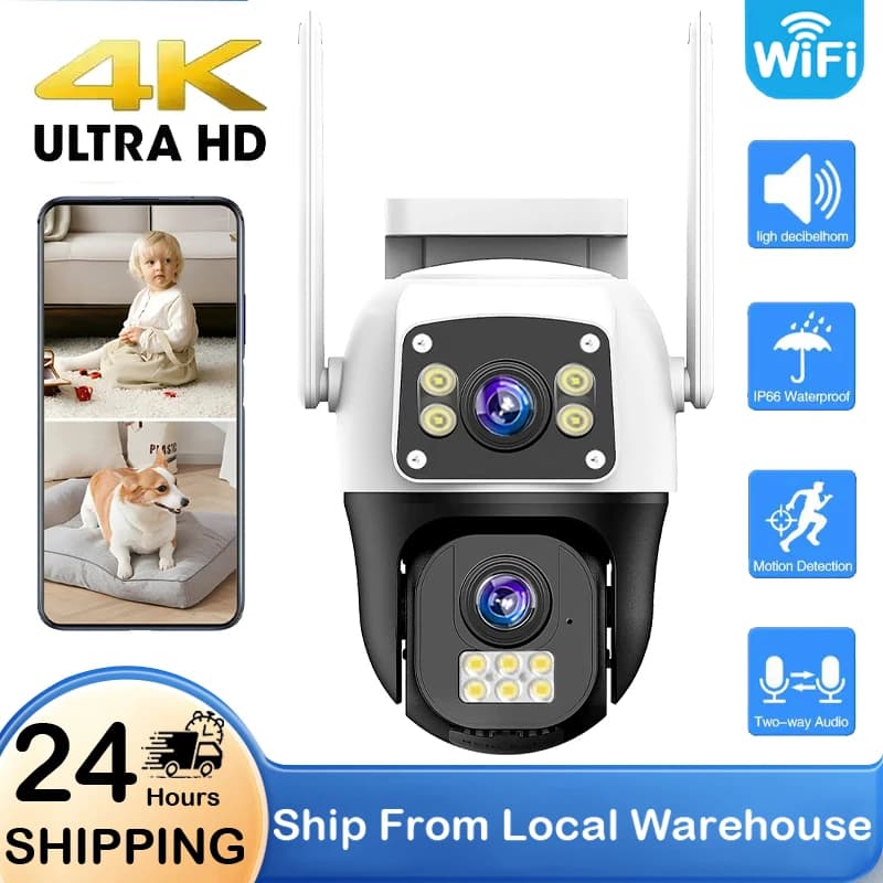 4K 8MP Camera Dual Lens WiFi Outdoor Human Detection Home Surveillance Cameras Night Vision PTZ Security System Video Monitor