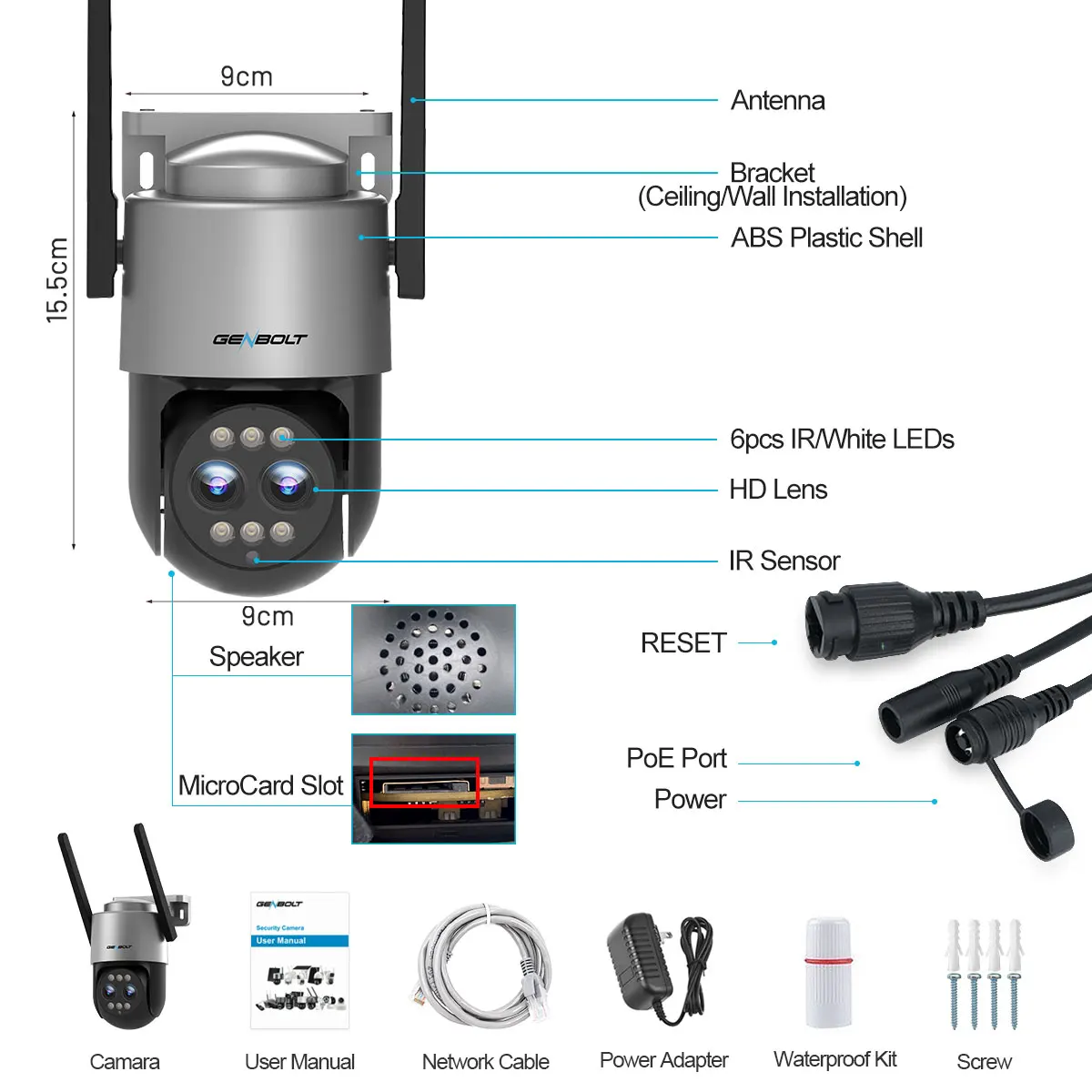 GENBOLT 2.5K PTZ WiFi Camera Outdoor PoE, Dual Lens CCTV 4MP, 10X Zoom, Color Night, Auto Tracking, Humanoid Detection, 2.4G/5G