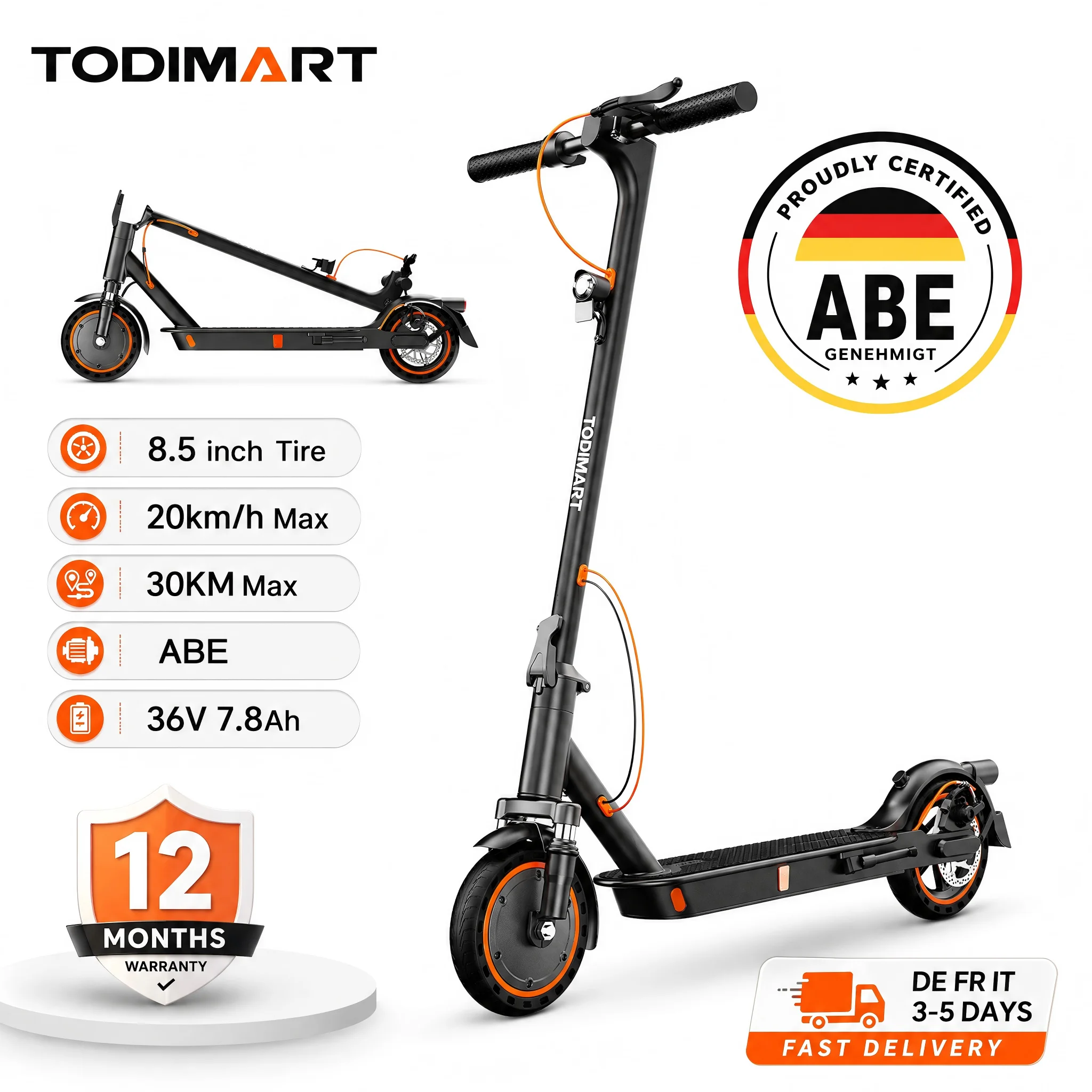 TODIMART T3A electric scooters with application, electric scooters for adult, 36V 7.8Ah, 20 km/h, 25-35 km range, full-inch tires, foldable, for adults