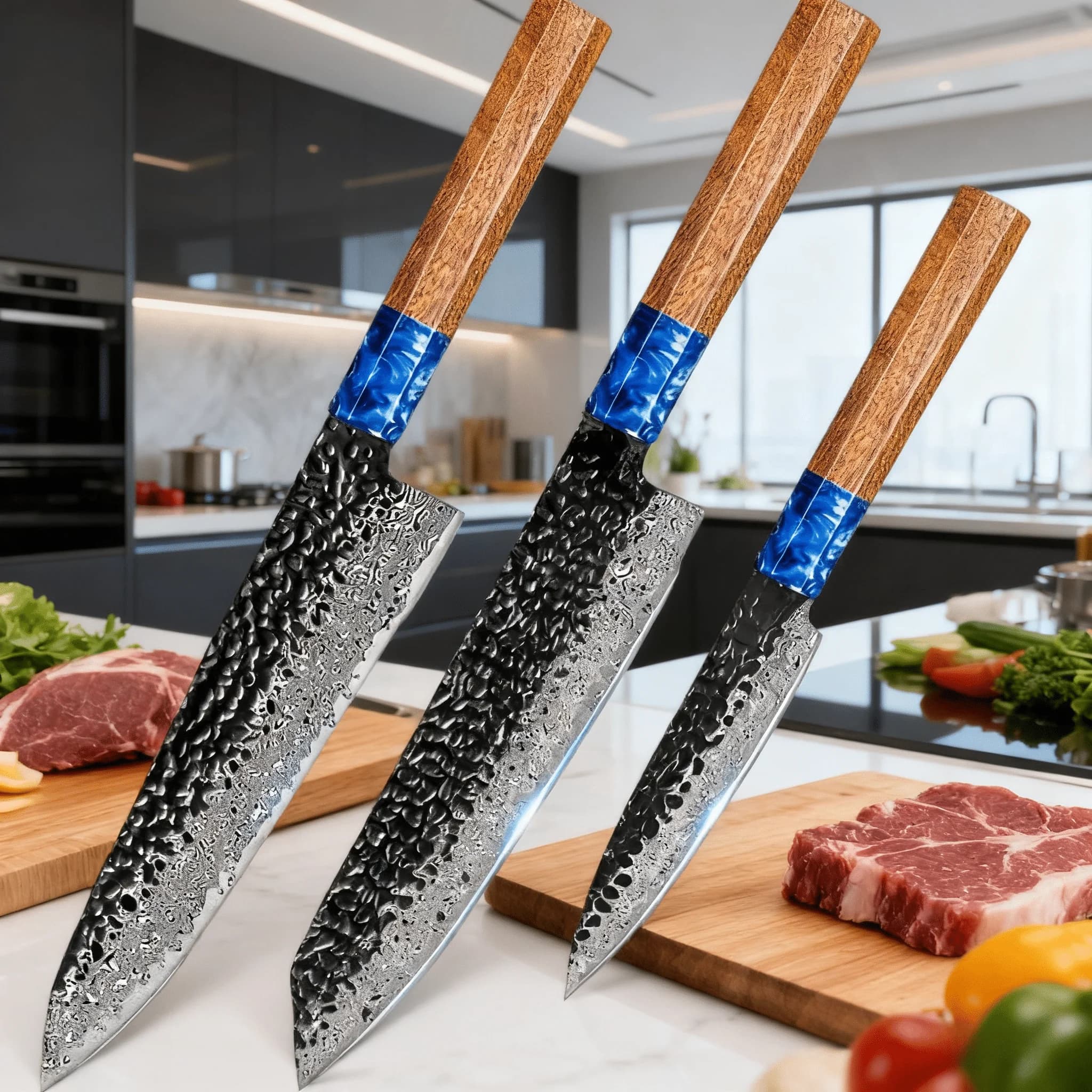 Chef Knife Set Japanese VG10 Steel Core, Utility Knife with Rosewood Handle & Sharpener - Professional Kitchen Cutlery 3PCS