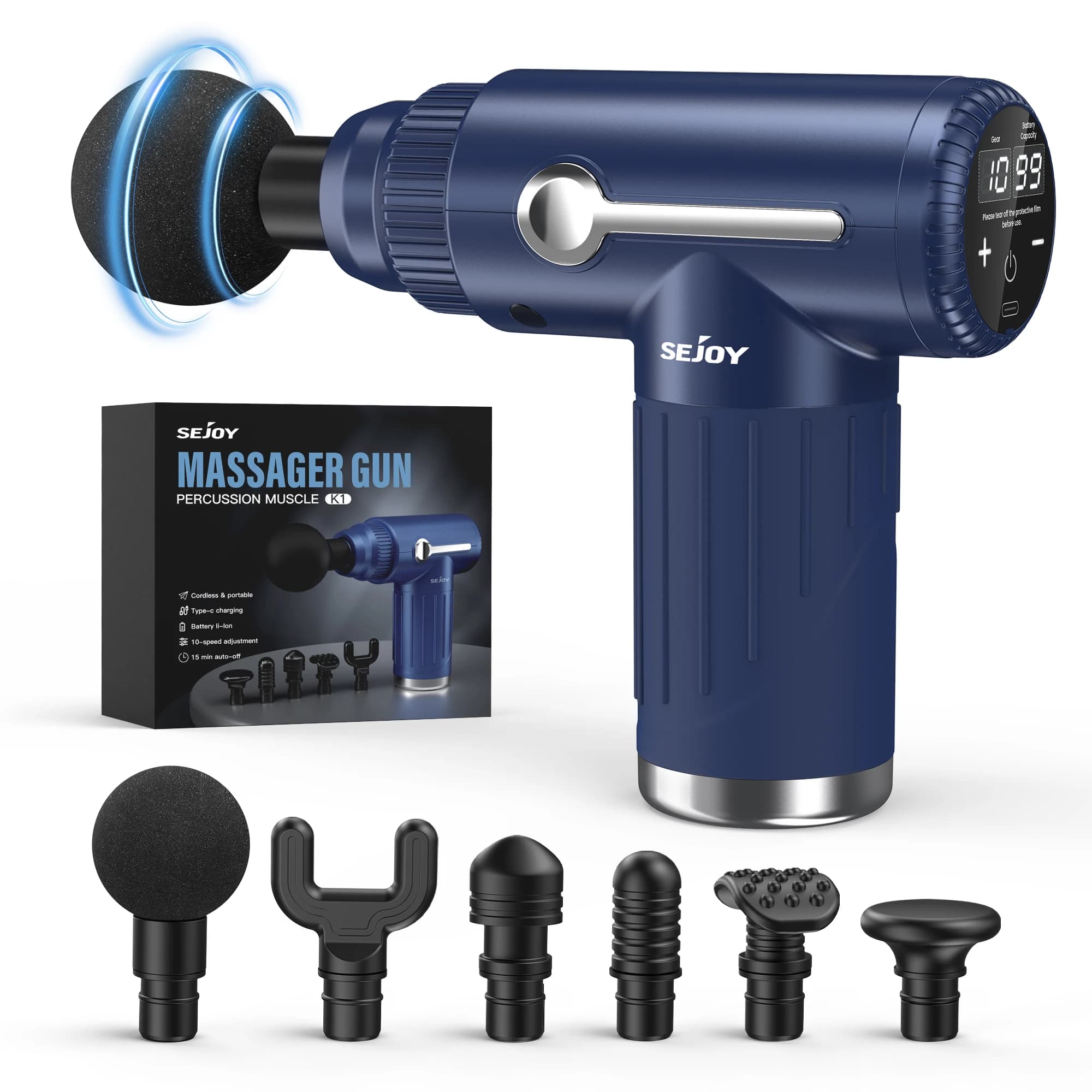 Sejoy Portable Fascia Gun Vibration Massage Gun 10 Speed,6 Heads For Body Neck Back Deep Muscle Relaxation Fitness