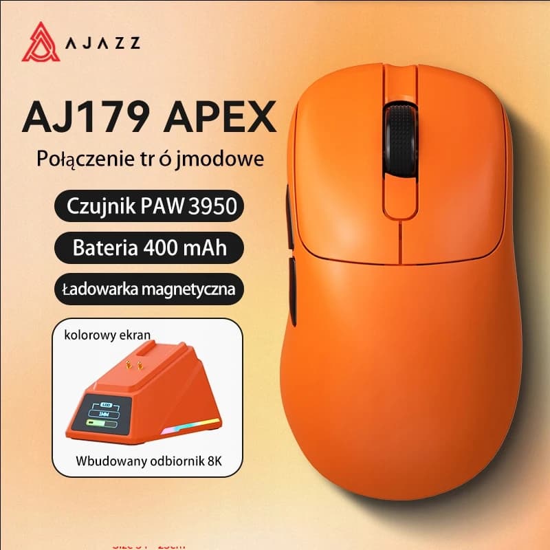 AJAZZ AJ179 APEX Gaming Mouse with Color Screen Dock, Magnetic Charging, 8000Hz High-Frequency /, Tri-Mode (PAW3950) Right-Hande
