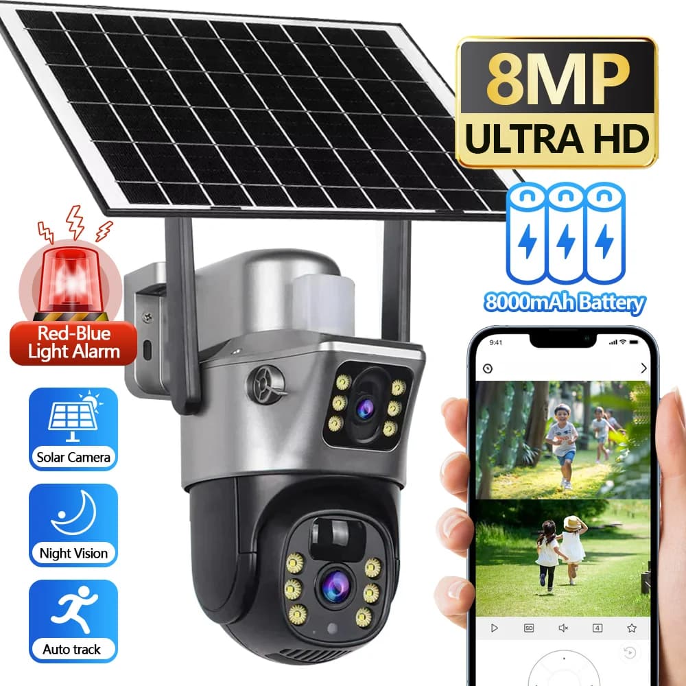WiFi Solar Camera 4G Dual Lenses Outdoor 8MP Low Power Battery IP Camera PIR Night Vision 4K CCTV Security Protection V380 Pro