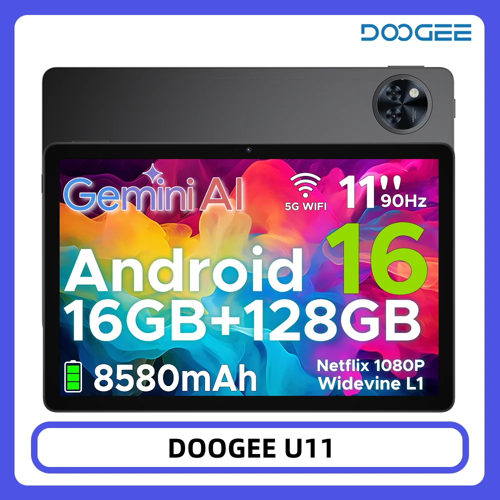 DOOGEE U11 Tablet 11" Ultra-clear 90Hz Display 16GB 128GB 8580mAh Battery Unisoc T7200 Dual Speaker Widevine L1 Android 16