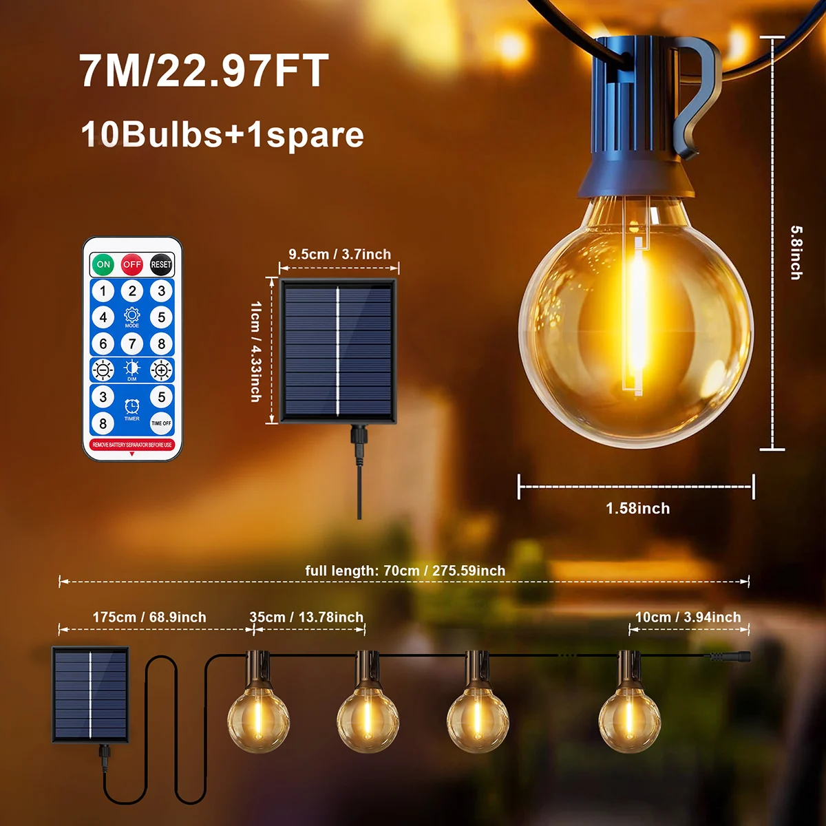 Aiopp Solar G40 LED String Lights Outdoor Shatterproof Plastic Bulbs IP44 Waterproof Dimmable 8 Modes Remote Control Auto On Off Vintage Patio Fairy Lights for Backyard Garden Party Holiday Decor