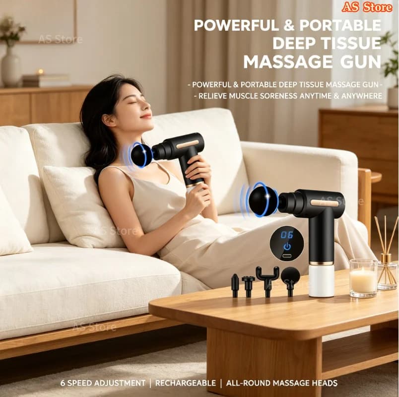 Mini massage gun, portable deep tissue muscle massager with 6 speed levels, 4 replaceable massage heads, suitable for gym, office and home muscle relief