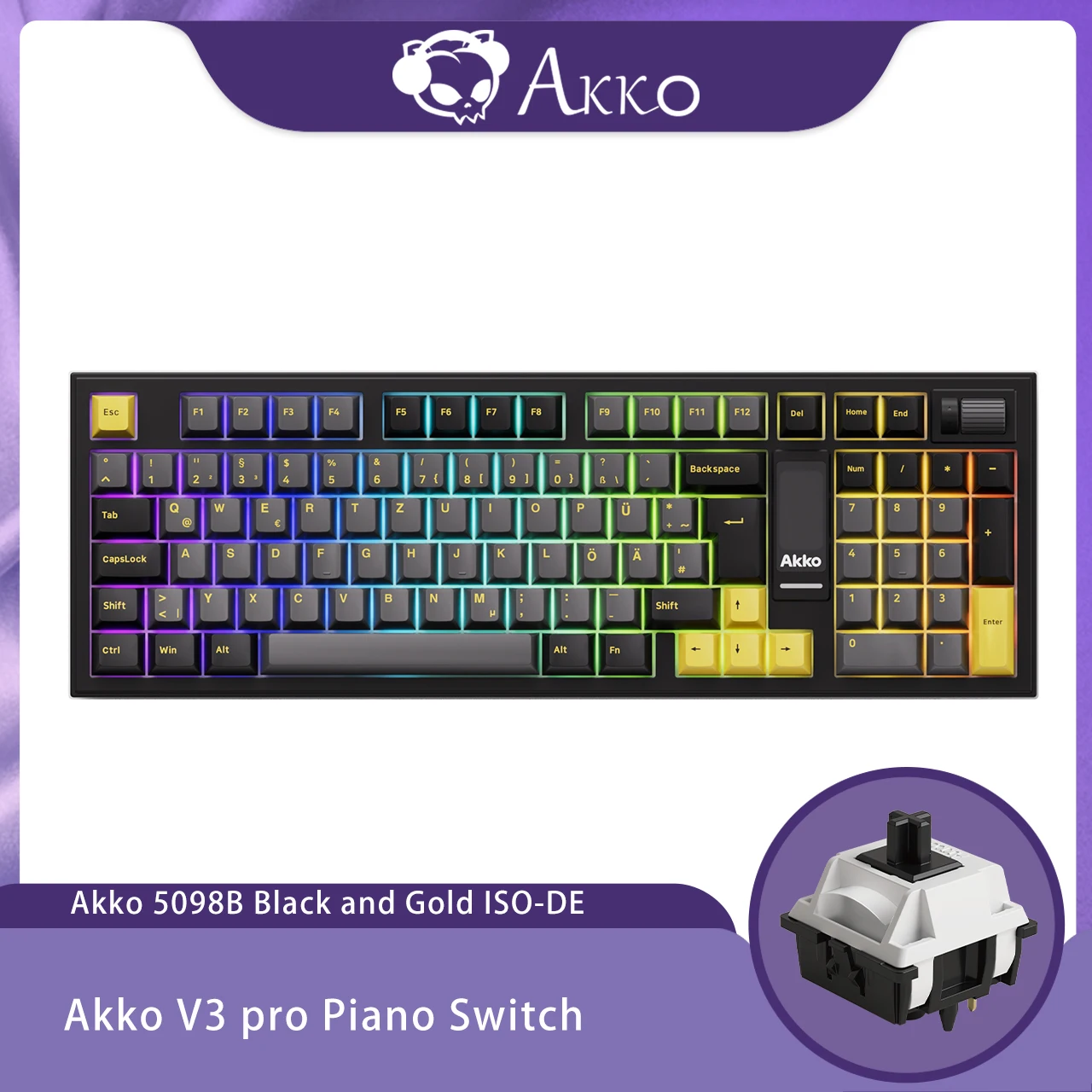 Akko 5098B Black Gold Wireless Mechanical Gaming Keyboard With TFT Screen Vertical Knob 96 Keys Hot-Swappable RGB Backlit Gasket