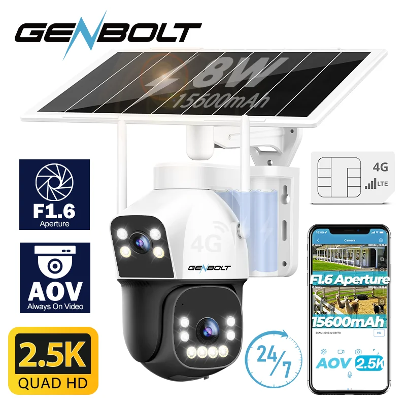 GENBOLT 4G AOV Cellular Solar Security Camera Outdoor Wireless, AOV 7/24 Recording 3MP+3MP No WiFi IP Surveillance Camera with Sim Card, 8W 15600mAh Battery Operated LTE Camera CCTV