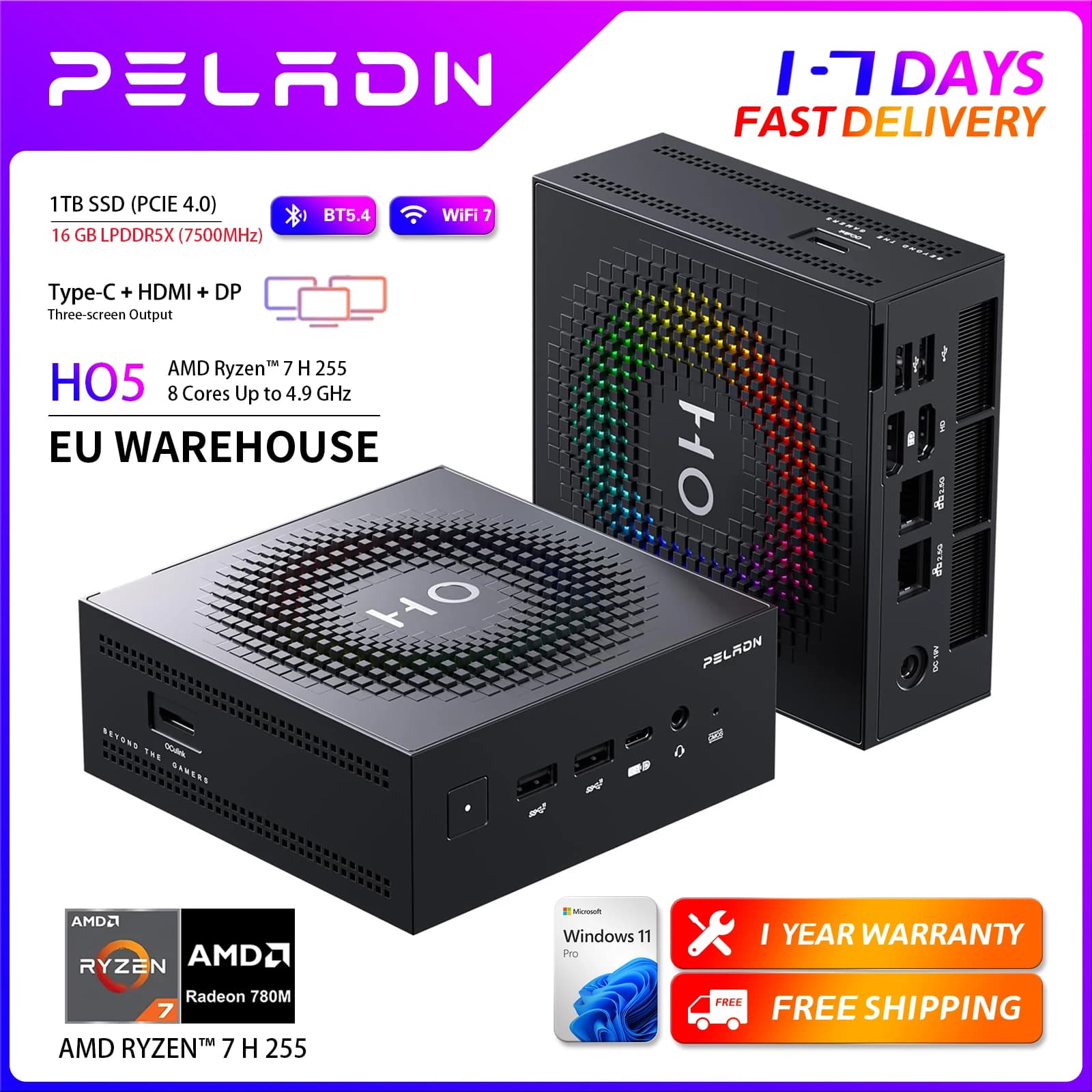 PELADN Gaming Mini PC HO5 AMD Ryzen 7 H 255 (8 Cores，up to 4.9Ghz), 16GB LPDDR5X 1TB PCIe 4.0 SSD Dual 2.5G LAN USB4 20Gbps Type-C/DP/HD Mini Desktop Computer WiFi7 4K/60Hz Triple-Display USB3.2/BT5.4 Mini Computers