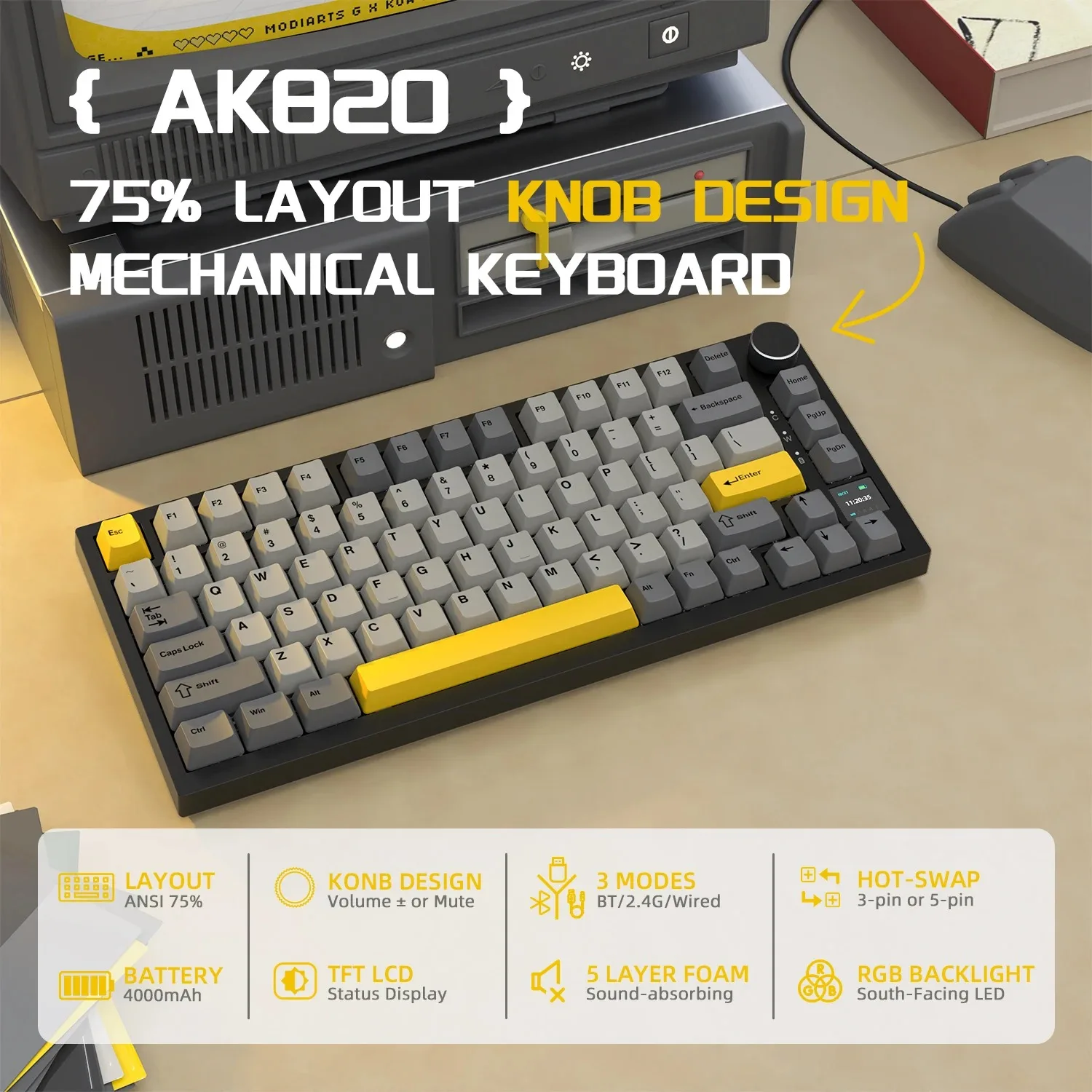 AJAZZ AK820 PRO With Screen Wireless Mechanical Gaming Keyboard Hot Swappable RGB Gaming Keyboard with Gasket Design 2.4G/Bluetooth/USB-C