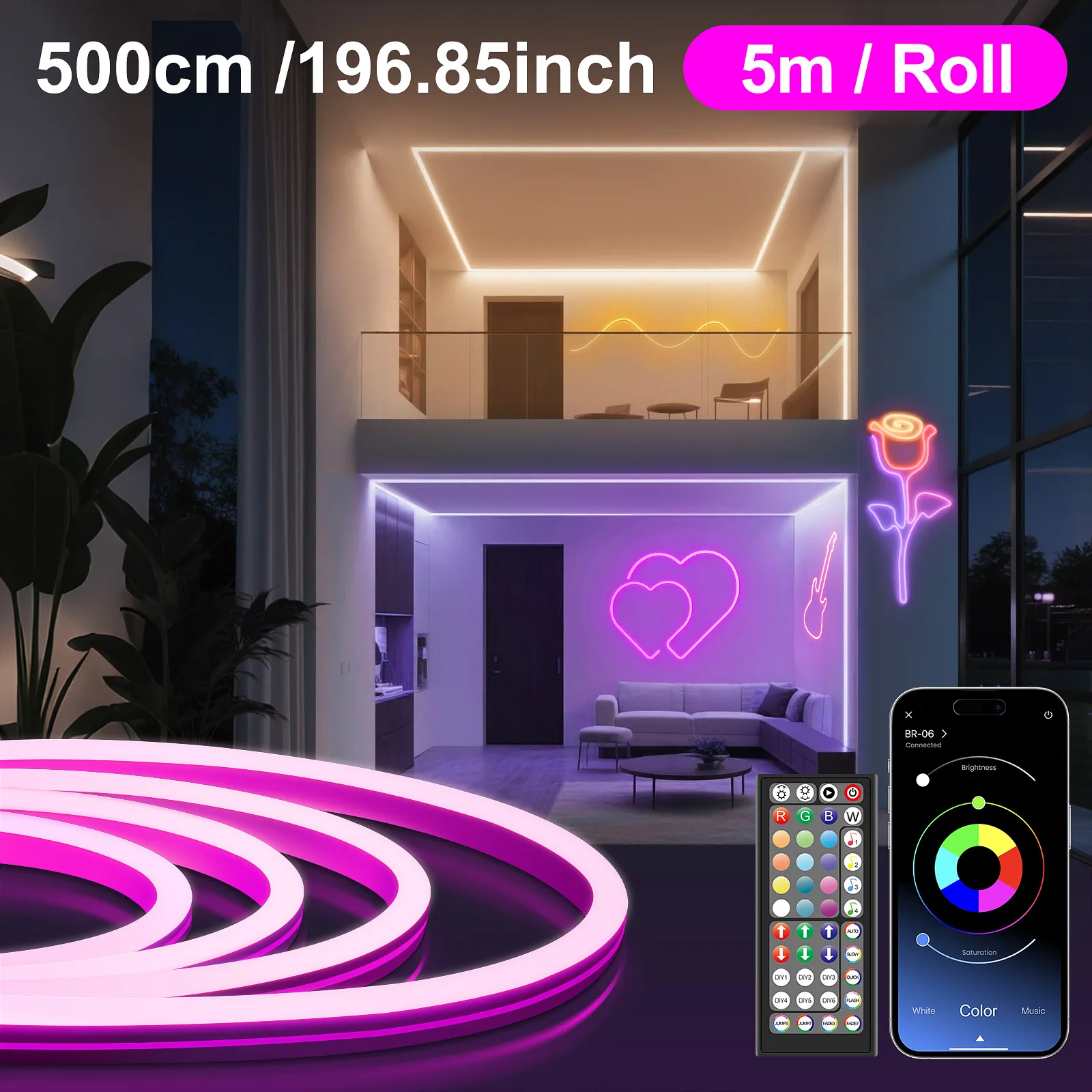 Outdoor Flexible LED Neon Rope Lights Control with App/Remote, IP65 Waterproof RGB Lamp, Music Sync Rope for Rooms, Pool, Garden