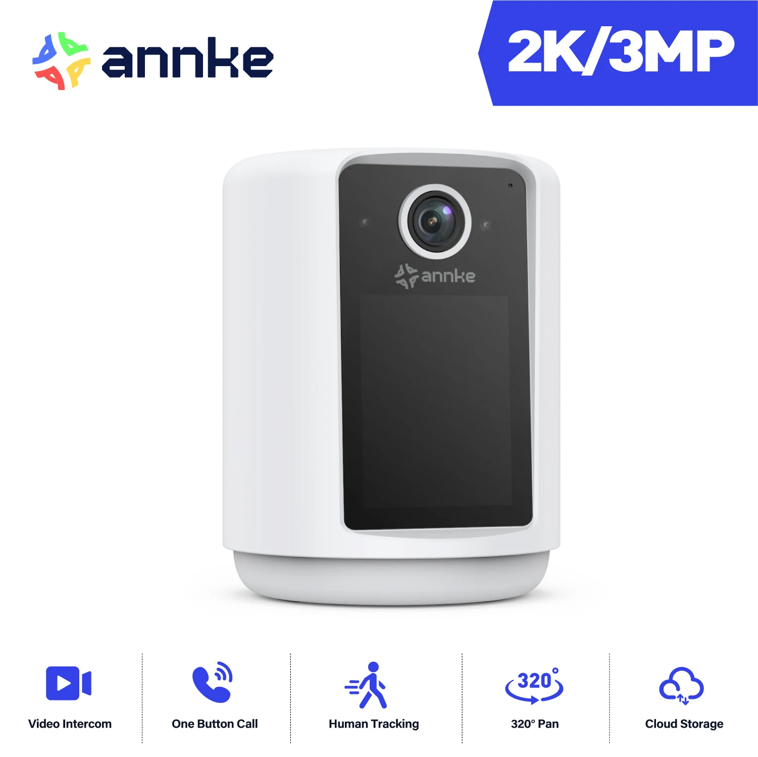 ANNKE 2K Smart Video Calling Camera, 2.4" IPS Screen, One-Click Two-Way Video Call, Auto-Answer, Human Tracking, Night Light, Motion Detection, 320° Pan, Cloud & SD Card Storage, Home Security Baby Monitor