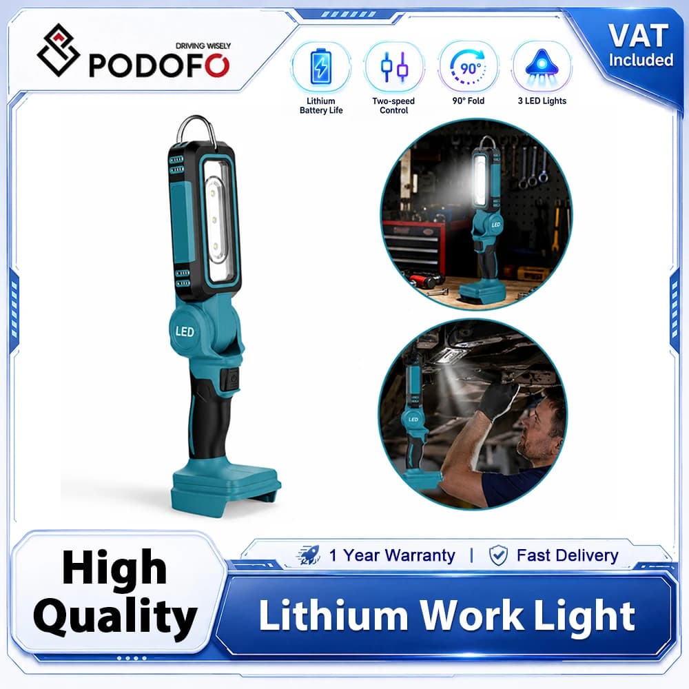 Podofo Cordless LED Work Light 3 Beads 90° Adjustable Magnetic Base Hanging Hook Foldable Flashlight Portable Inspection Lamp For Car Repair Camping Emergency Workshop