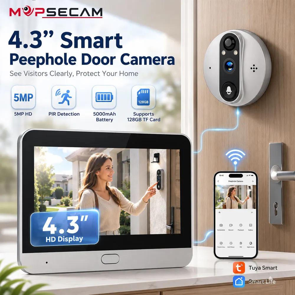 5MP Wireless Peephole Camera Doorbell With 4.3 Inch Indoor Monitor Smartlife Home Kit Video Door Viewer Audio PIR Alert Night Vision Remote Tuya APP Viewing Battery Powered Easy Installation Home Security Solution For Front Door Visitor Protection System