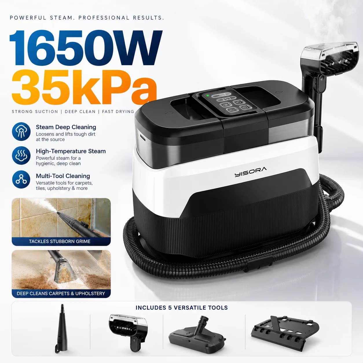 Grenintol-Yisora W08 Portable Carpet Cleaner Machine 1650W 4-in-1 Steam Upholstery Cleaner 35000Pa, Spray Extraction Vacuum for Sofa, Mattress, Car, Pet Stains