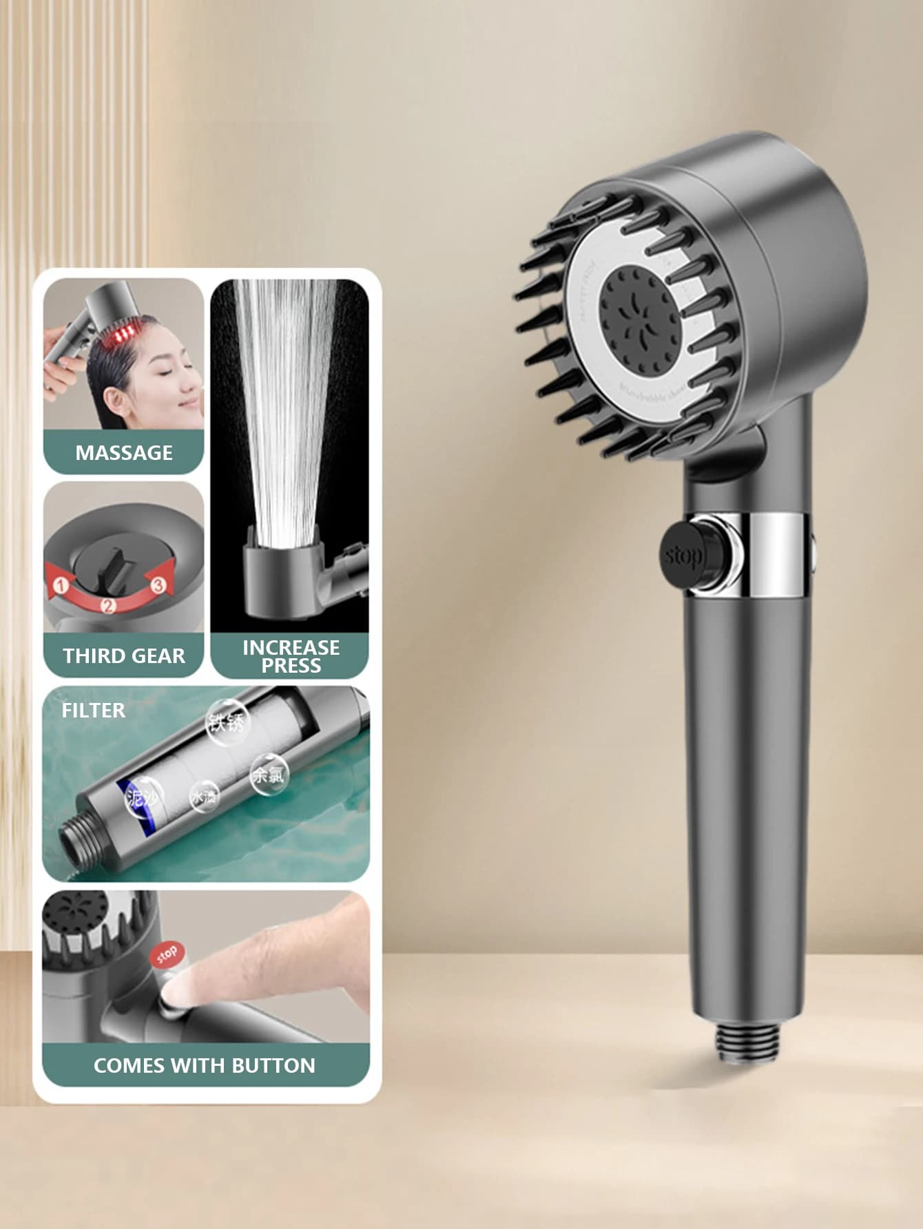 High-pressure filter shower head, 3 modes of jet adjustment, rain shower, bathroom accessories, hand shower with filter.