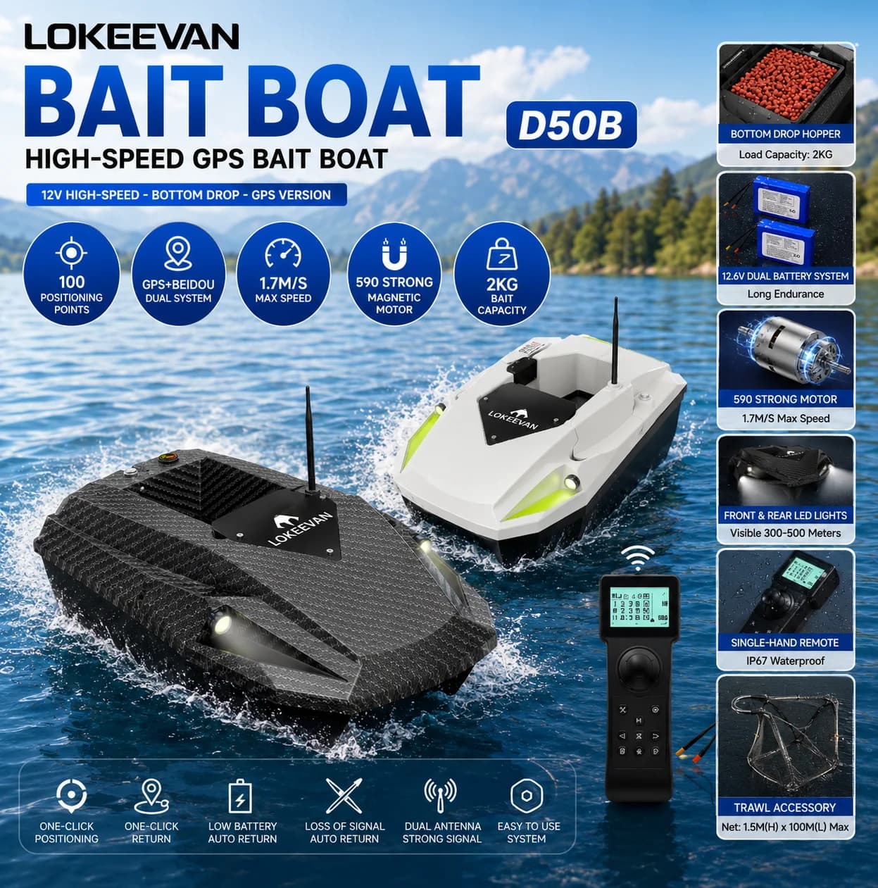 LOKEEVAN GPS Bait Boat D50B 15600*2 Mah 12V Powerful Pull Net Troll Hook GPS+Beidou Satellite Dual Positioning System Fish Boat